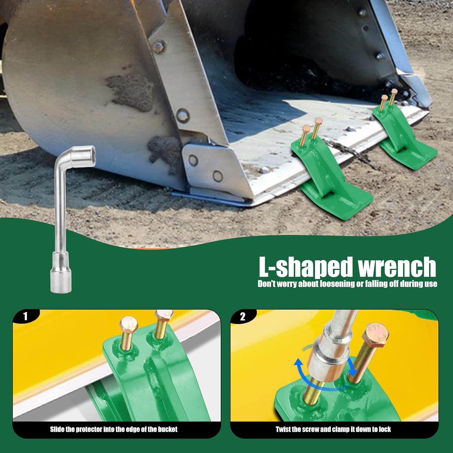 Tractor Bucket Protector(Upgraded Version), 2Pcs Ski Edge Protector, Turf Tamer Skid Protector with Grade8.8 Double Lock Nuts and Bolts, Heavy Duty Steel for Snow Removal Spreading Gravel,Green