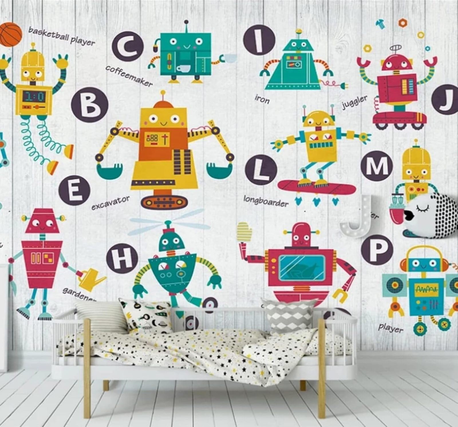 Cartoon Creative Robot Woodgrain Letters 3D Wallpaper Easy Install Feature Office Living Room Sofa Bedroom TV Background Wall Decoration-250cm×170cm