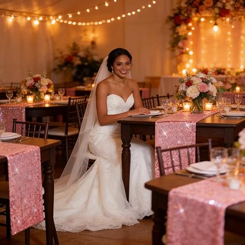 Miniatura 3 de yuboo Camino de mesa de lentejuelas rosas de San Valentín, paquete de 6 manteles con purpurina de 12 x 72 pulgadas para mujeres y niñas, cumpleaños,