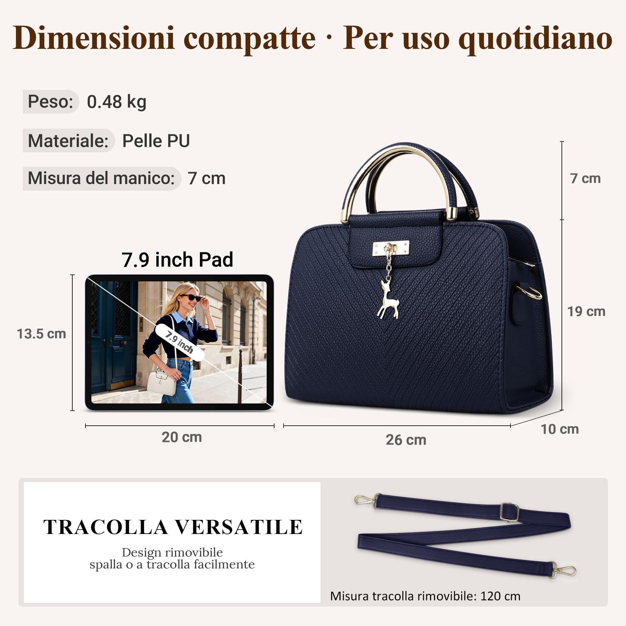 DIRRONA Donna Borse Mano Casuale Borsa Tracolla Viaggio Messaggero Borsa Texture a Forma di V Donna Borsa Shopper Quotidiano Borsa Da Donna Ciondolo in Metallo Fulvo Blu