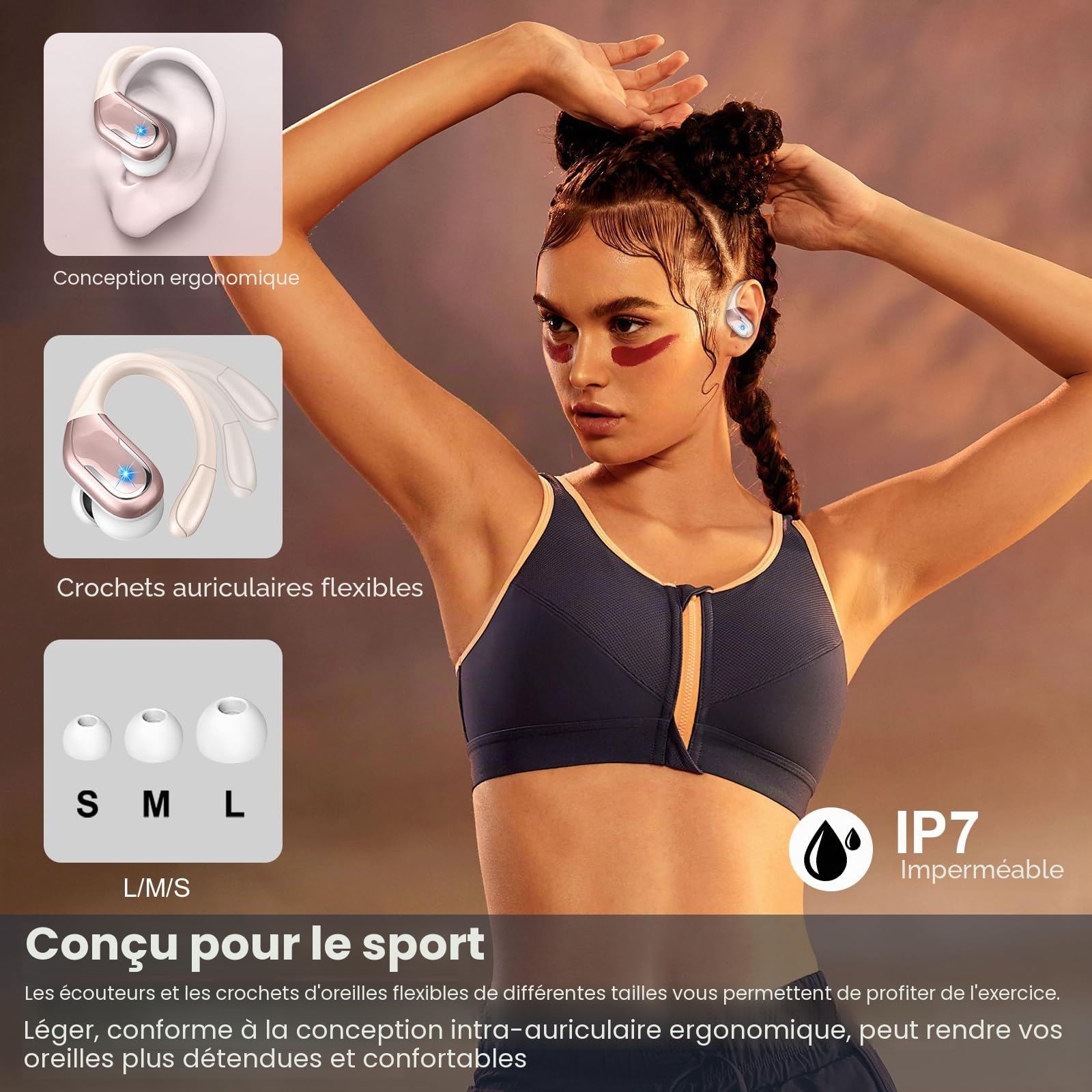 Ecouteurs Bluetooth Sans Fil Sport, 75Hrs Écouteurs Bluetooth 5.4 avec Stéréo HiFi 3D, 4 ENC Réduction de Bruit Mic Oreillette sans Fil USB-C Charge, Étanches IP7 Casque Running LED pour Android/iOS