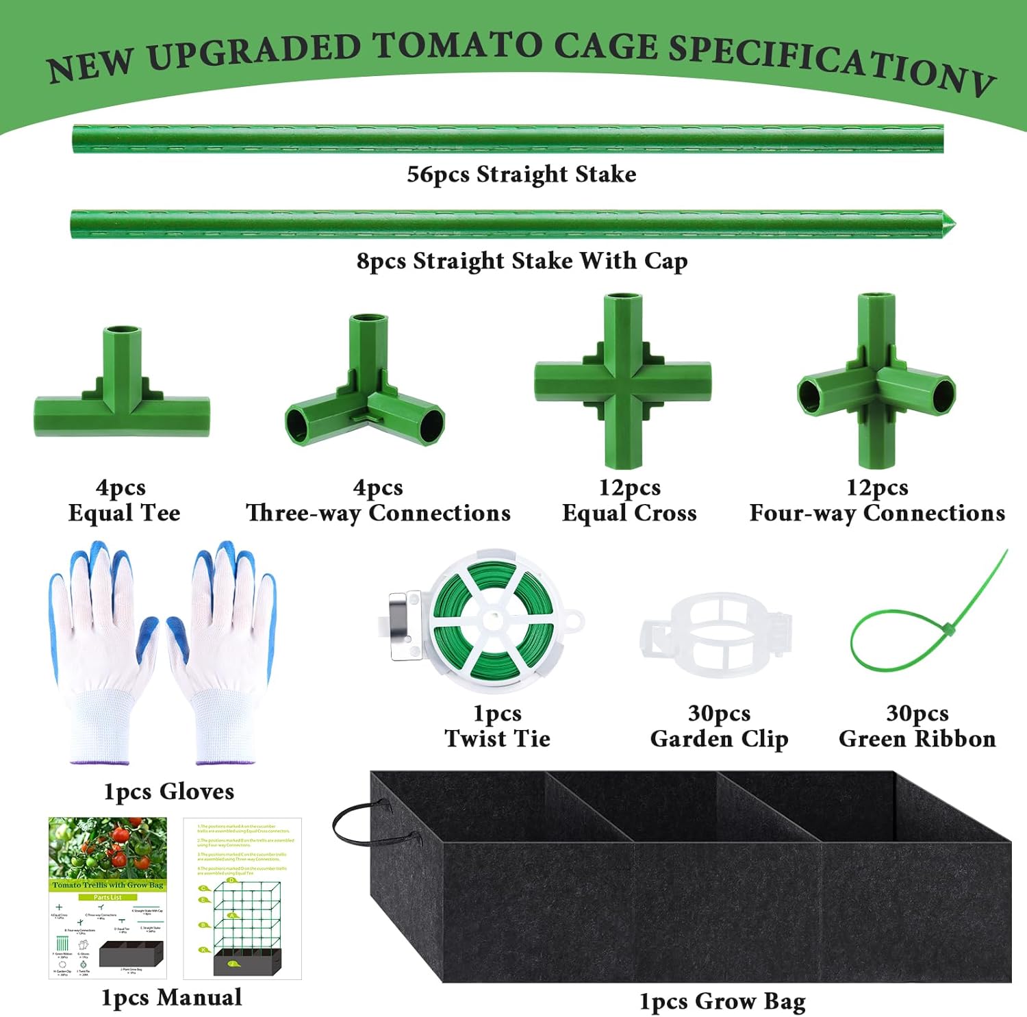 POILKMNI 66x17x49 Inch Garden Tomato Cages with 46 Gallon Grow Bags, Square Plant Support Trellis Assembled with Planter Bags, Garden Cucumber Vegetables Frames for Vertical Climbing Plants