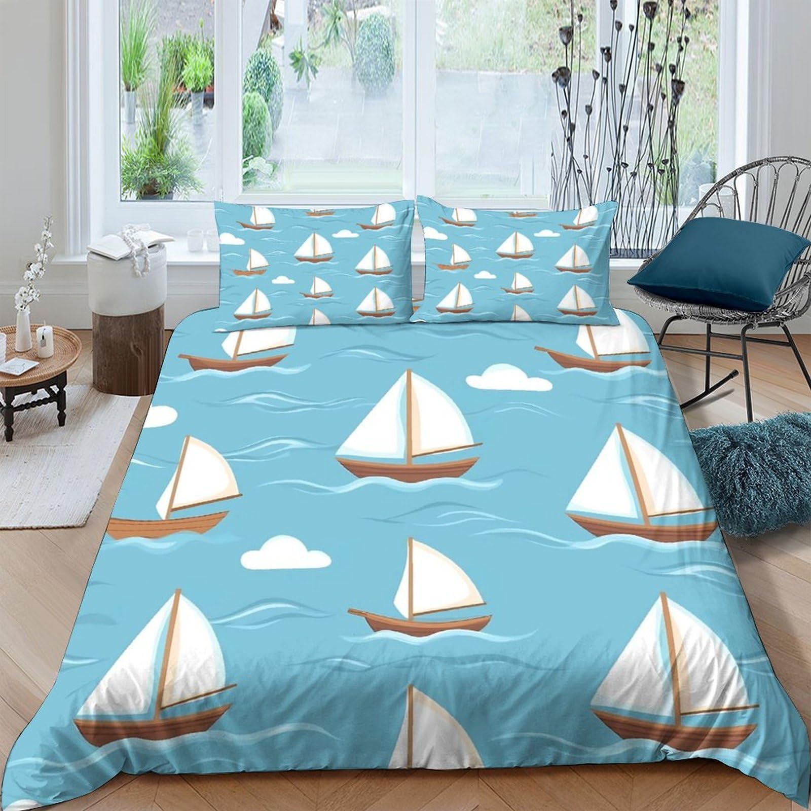Ctjqhvkz Style-7 3D Printed Sailboat Ocean Fitted Sheet Microfiber Soft Blue Bed Cover For Bedroom Guest Room Mattress Protection Single（135X200cm）