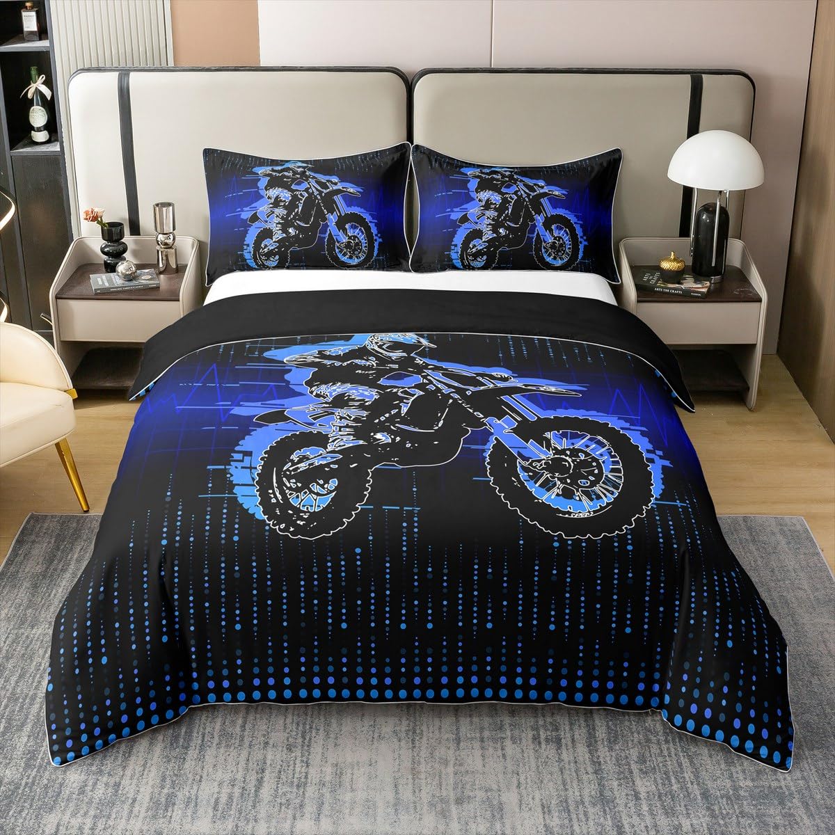 Motocyklowy zestaw pościeli w 100% z bawełny, niebieska poszewka na kołdrę dla dzieci, chłopców, dziewcząt, zestaw na łóżko crossowe, sporty ekstremalne poszewka na kołdrę z 1 poszewką na poduszkę