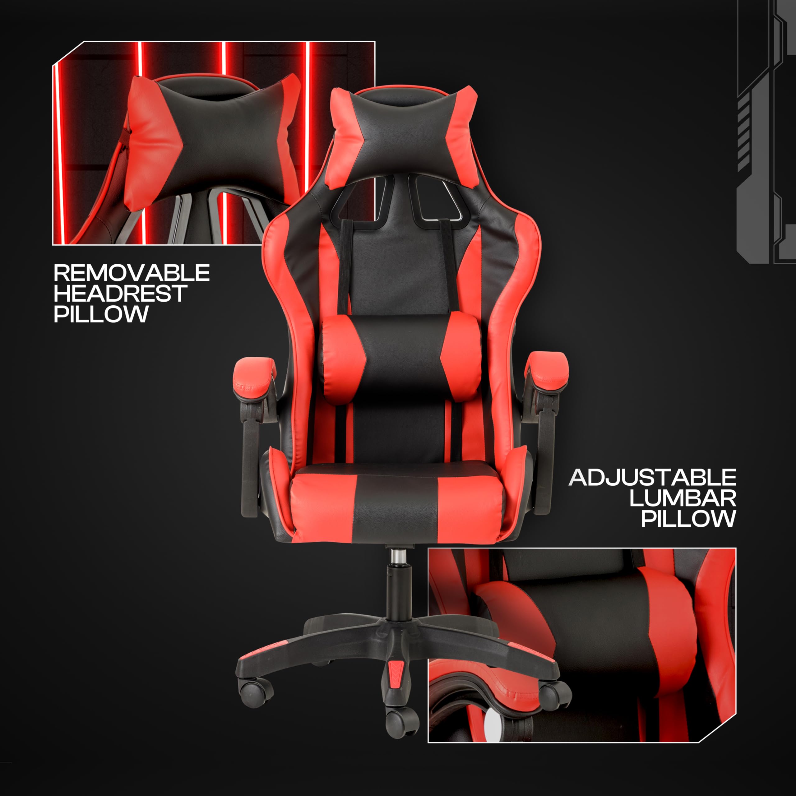 Baroni Home Sedia da Gaming, Sedia Ufficio Ergonomica con Schienale Regolabile, Poggiatesta e Supporto Lombare, Rosso