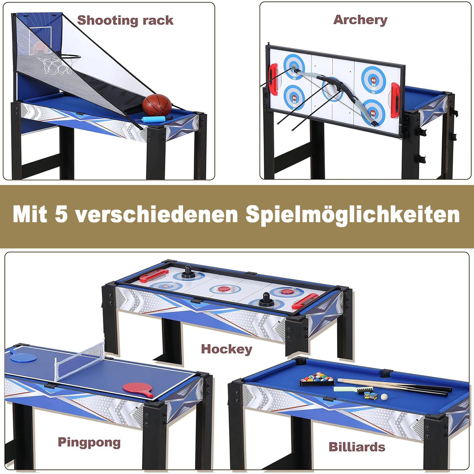 Multifunktionstischspiel Spieletisch 5 in 1 Tischspiel inklusive Billardtisch Basketball Tischtennis Hockey Pfeil und Boge 92cm*46cm*73cm