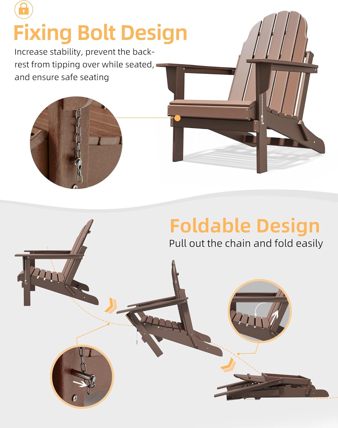 BUPPLEE Folding Adirondack Chair, 450 LBS Heavy Duty HDPE Poly Lumber Fire Pit Chair for Outside, All-Weather Resistant Plastic Adirondack Chairs for Patio, Garden, Deck & Backyard, Teak