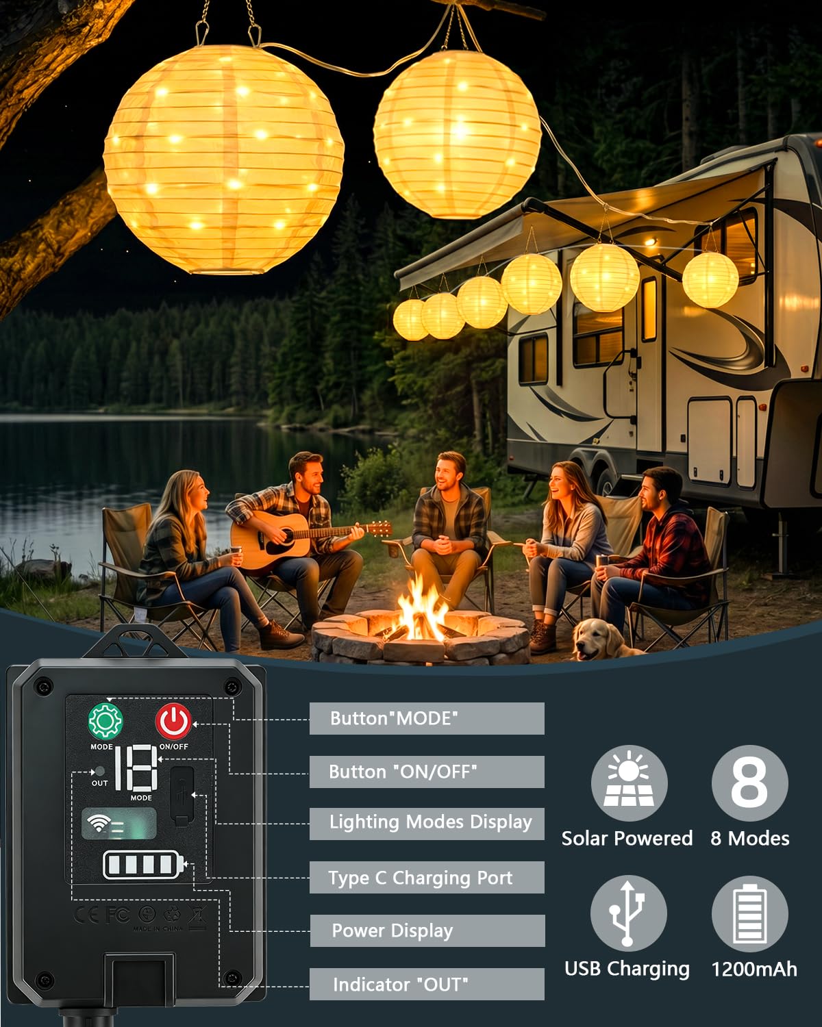 4,5 m, 160 LED, luci solari per esterni, 1200 mAh, IP65, resistente alle intemperie, con 4 lampade da 30 cm/40 LED, 8 modalità, grandi lanterne, lampade solari per esterni, balcone, giardino, terrazza