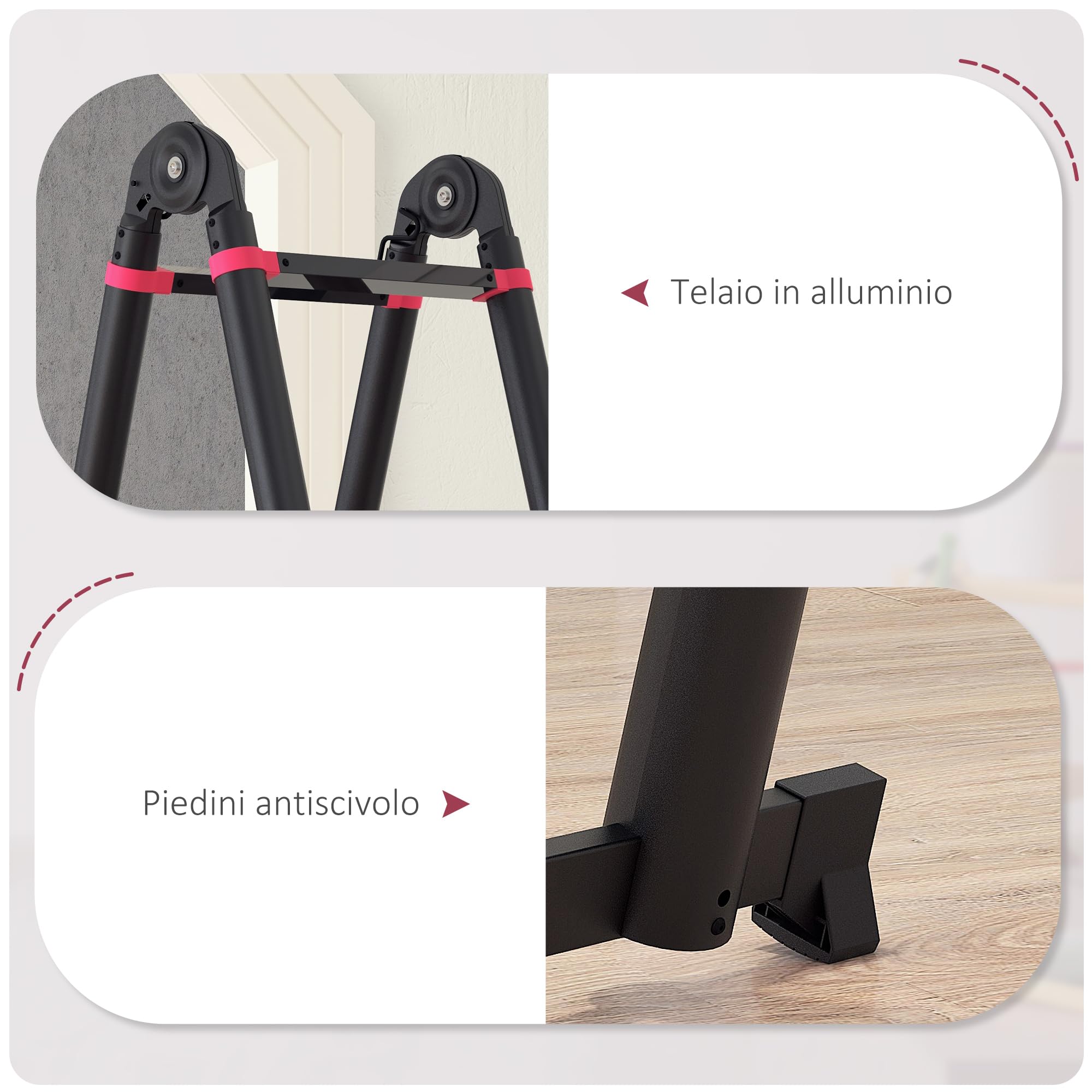 HOMCOM Escalera de Aluminio Plegable Portátil 379x67,5x11 cm Negro y Rojo | 2 Formas de Uso, Retráctil, Escalera Telescópica, 12 Escalones Antideslizantes, Carga 150 kg