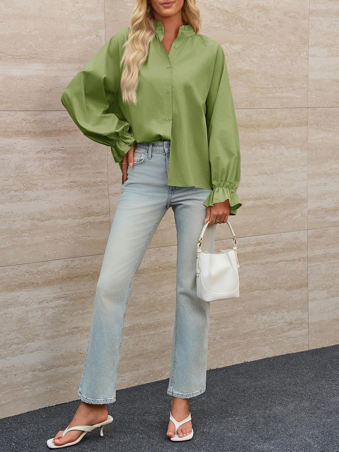 Tankaneo Womens Puff Long Sleeve Button Down Shirts Pleated V Neck Cotton Blouses Loose Fit Casual Ruffle Tops - Image 8