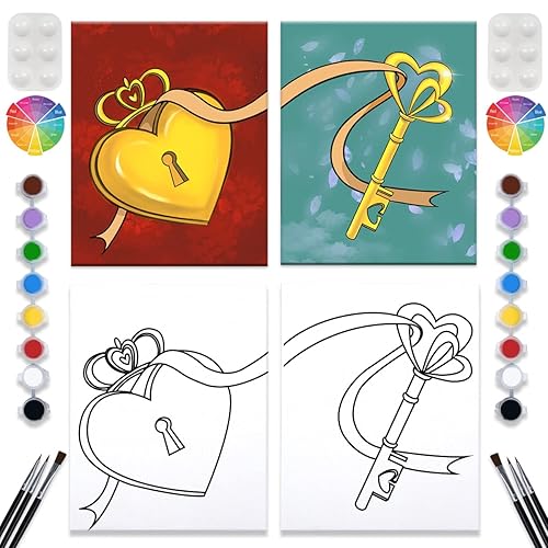 2 Pack Paint and Sip Canvas Painting Kit Pre Drawn Canvas for Painting for adults Stretched Canvas Couples Games Date Night Lock Key Paint Party