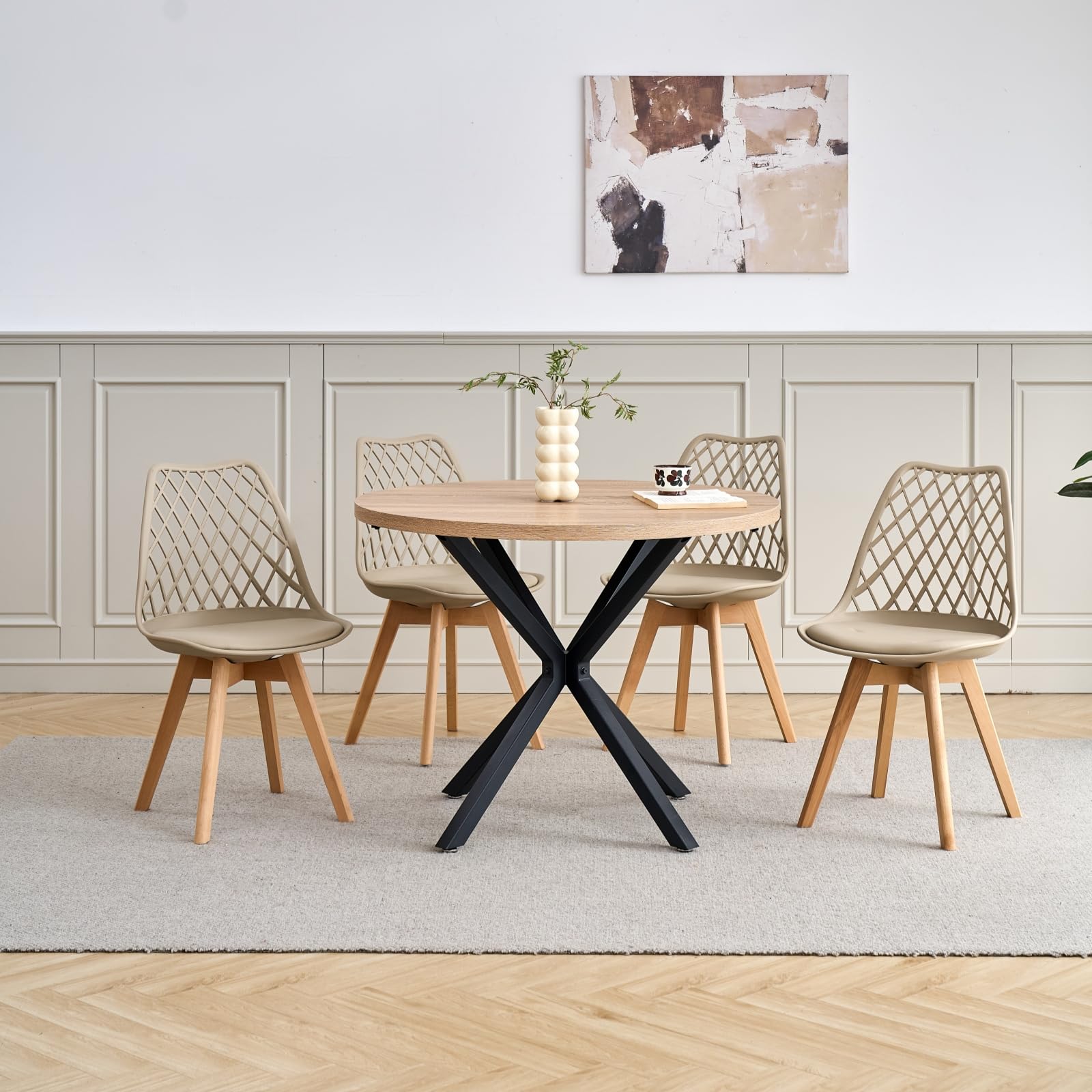 GrandCA HOME Lot de 6 Chaises de Salle à Manger, Chaises de Cuisine Modernes avec Assises en Cuir et Pieds en Hêtre, Idéales pour La Cuisine et La Salle à Manger - Kaki