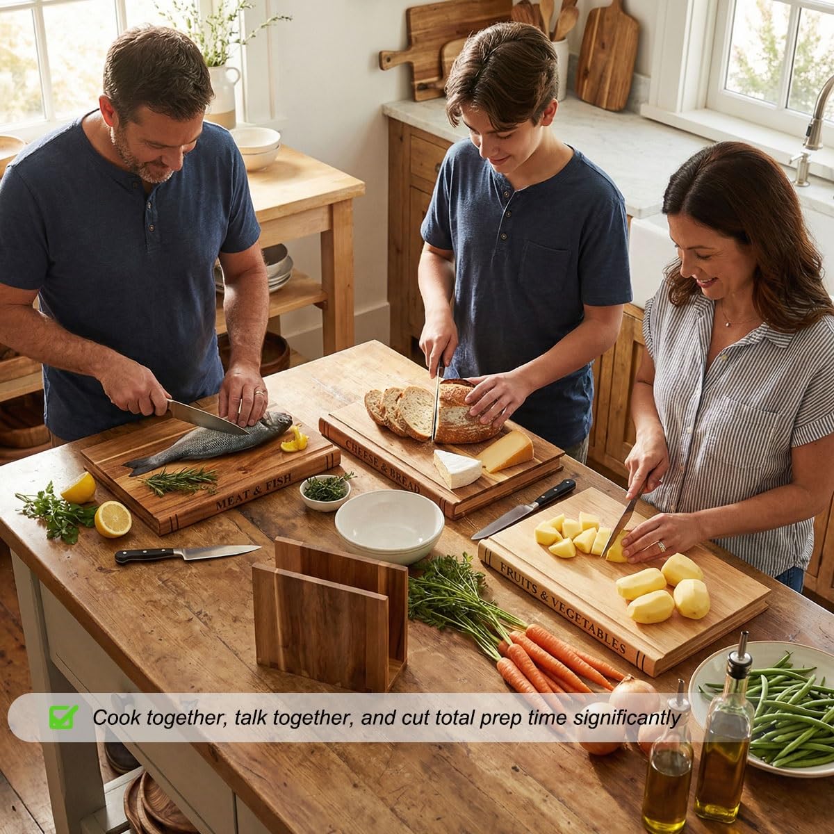 Lot de 3 Planches à Découper en Bois Massif Design Livre, Sapele, Acacia & Hévéa – 33x25.5cm Extra Épaisses avec Icônes Alimentaires, Inclus Support, Idéal pour Viande, Légumes, Fromage & Pain