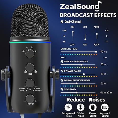 Miniatura 4 de ZealSound Micrófono USB para PC, 3 cápsulas, 4 patrones de pastilla, micrófonos de computadora de estudio con perilla de