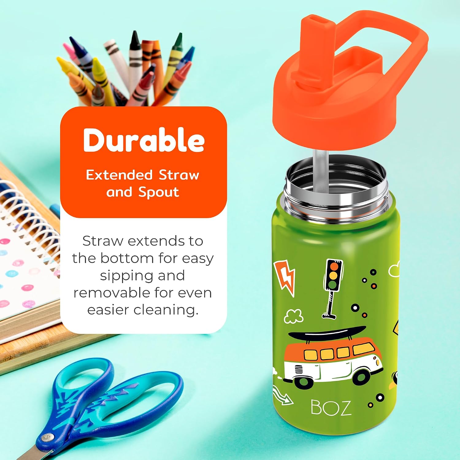 BOZ Kids Insulated Water Bottle with Straw Lid, Stainless Steel Vacuum Double Wall Water Cup, 14 oz (414ml). Scratch-resistant Cute Print and Carry Handle, BPA-free and Dishwasher-safe (Cars) image 4
