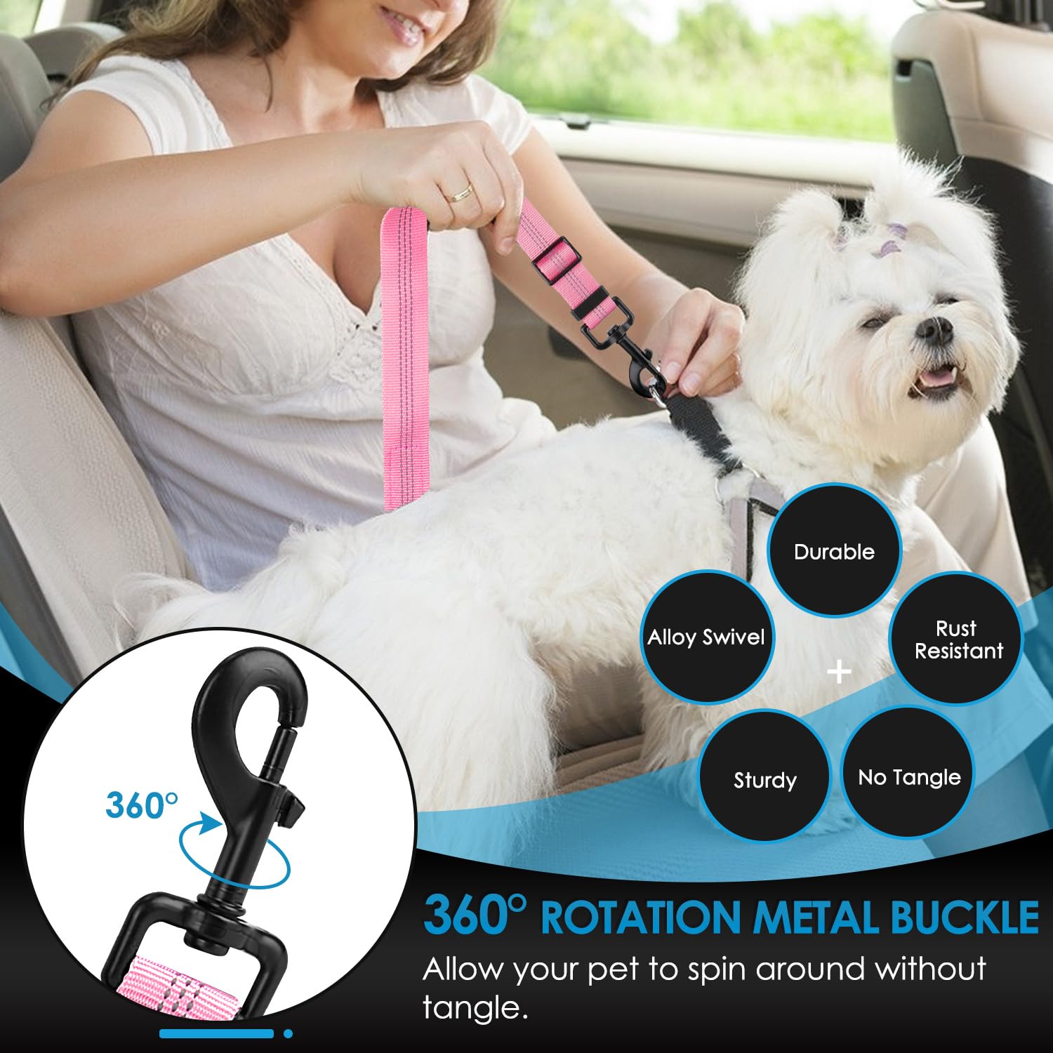 Lukovee Dog Seatbelt Leash for Cars, 2 Pack Pet Safety Seat Belt with Adjustable Buckle & Reflective Bungee, Connect Dog Harness in Vehicle Dogs Restraint Travel Daily Use (Pink) - image 4