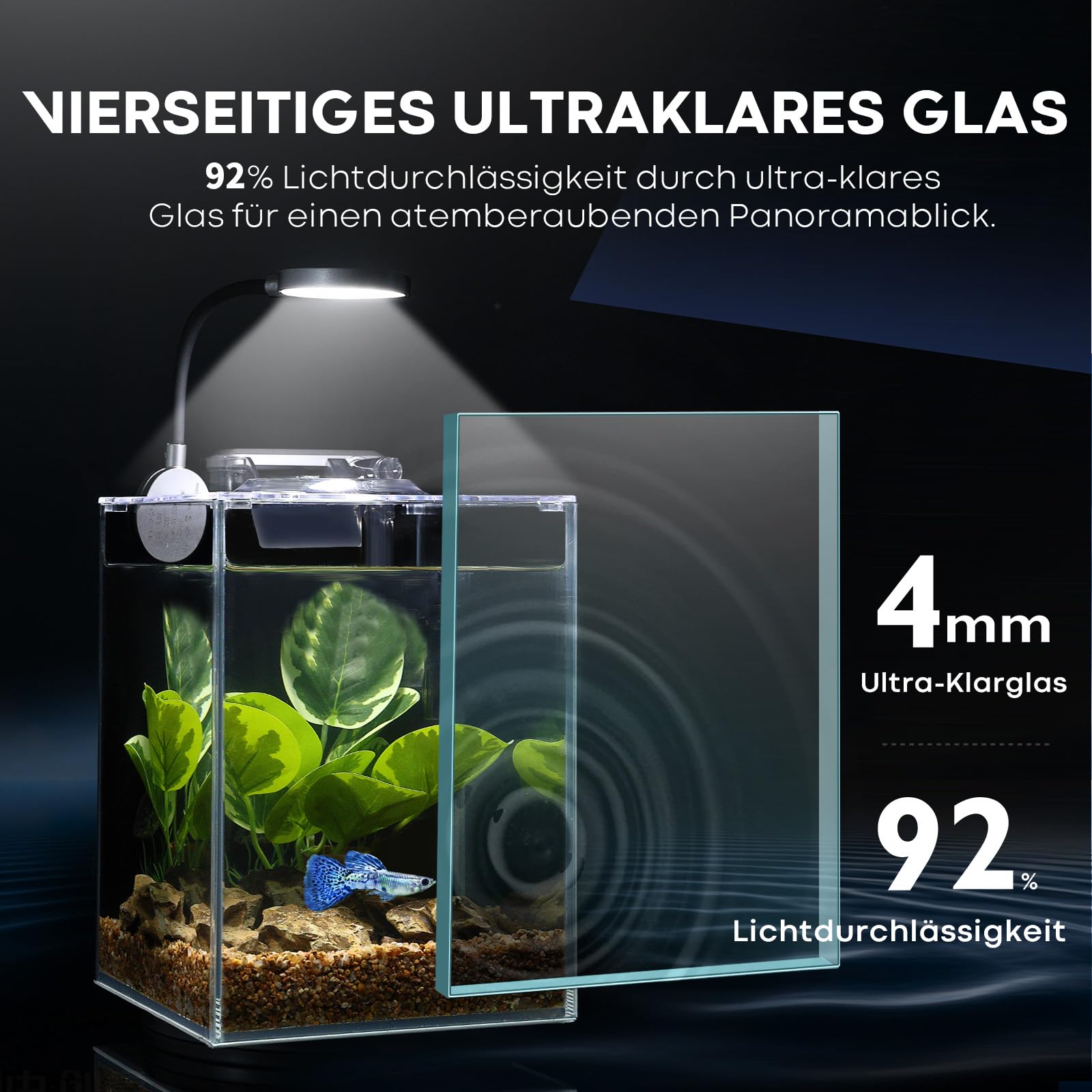 Desktop Betta Kleines Aquarium Glasaquarium 5 Liter Komplettset 15x15x20, Selbstreinigendes Filtersystem, Helles LED-Licht, Kies, Pflanze, Reinigungswerkzeug, Starter-Set für kleine Räume