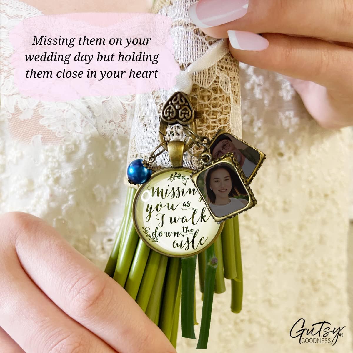 Gutsy Goodness Memorial Wedding Bouquet Charm Missing You 2 Picture Frames Walk Down Aisle Vintage Bronze Silver Glass Pendant Jewelry Bead Loving Keepsake for Bride DIY Photo Template - Image 4