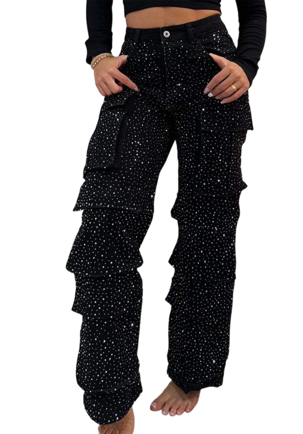 LETSVDO Womens Rhinestone Cargo Jeans Baggy High Waisted Wide Leg Sparkly Denim Pants Stretch Glitter Bling Trousers