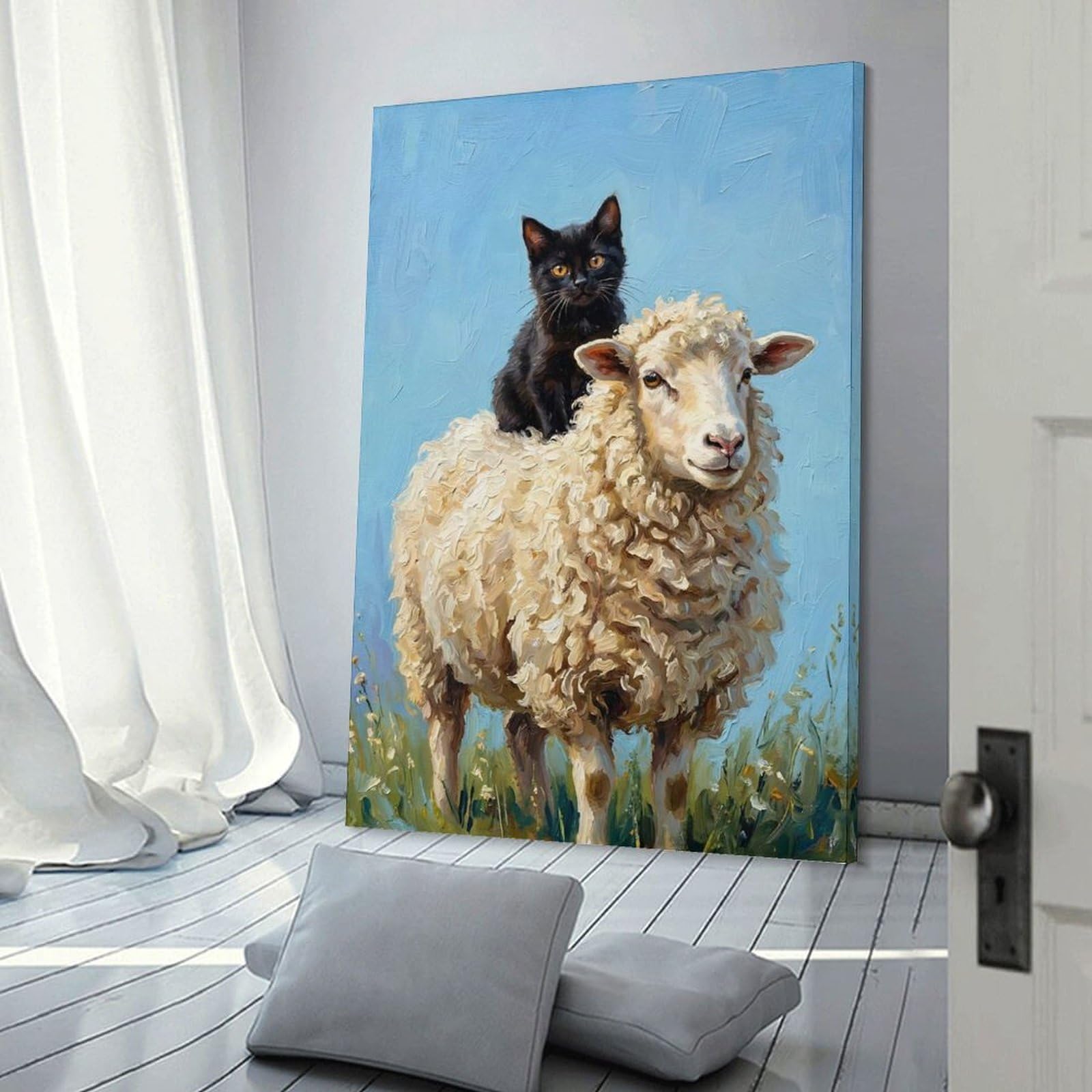 Junmoney Black Cat Riding A Sheep Home Decor Wall Art 24x36inch(60x90cm), for Living Room, Lounge Or Sitting Room, A Home Accent with Warm Character