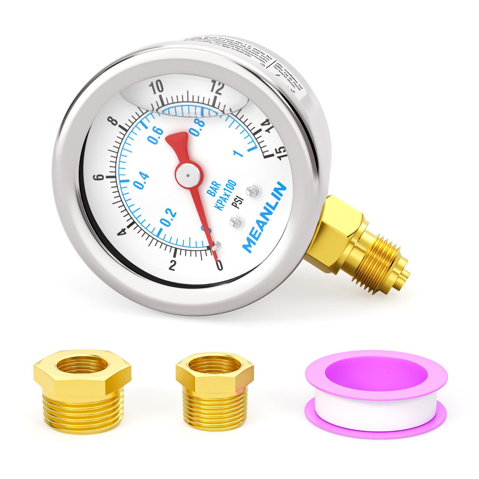MEANLIN MEASURE 0~1BAR/15PSI Manometro in acciaio inox 1/8" BSP 1.5"FACE DIAL,riempito di glicerina,a liquido,acqua olio aria,montaggio inferiore,con boccola esagonale 1/8" x 1/4"BSP e 1/8" x 3/8"BSP