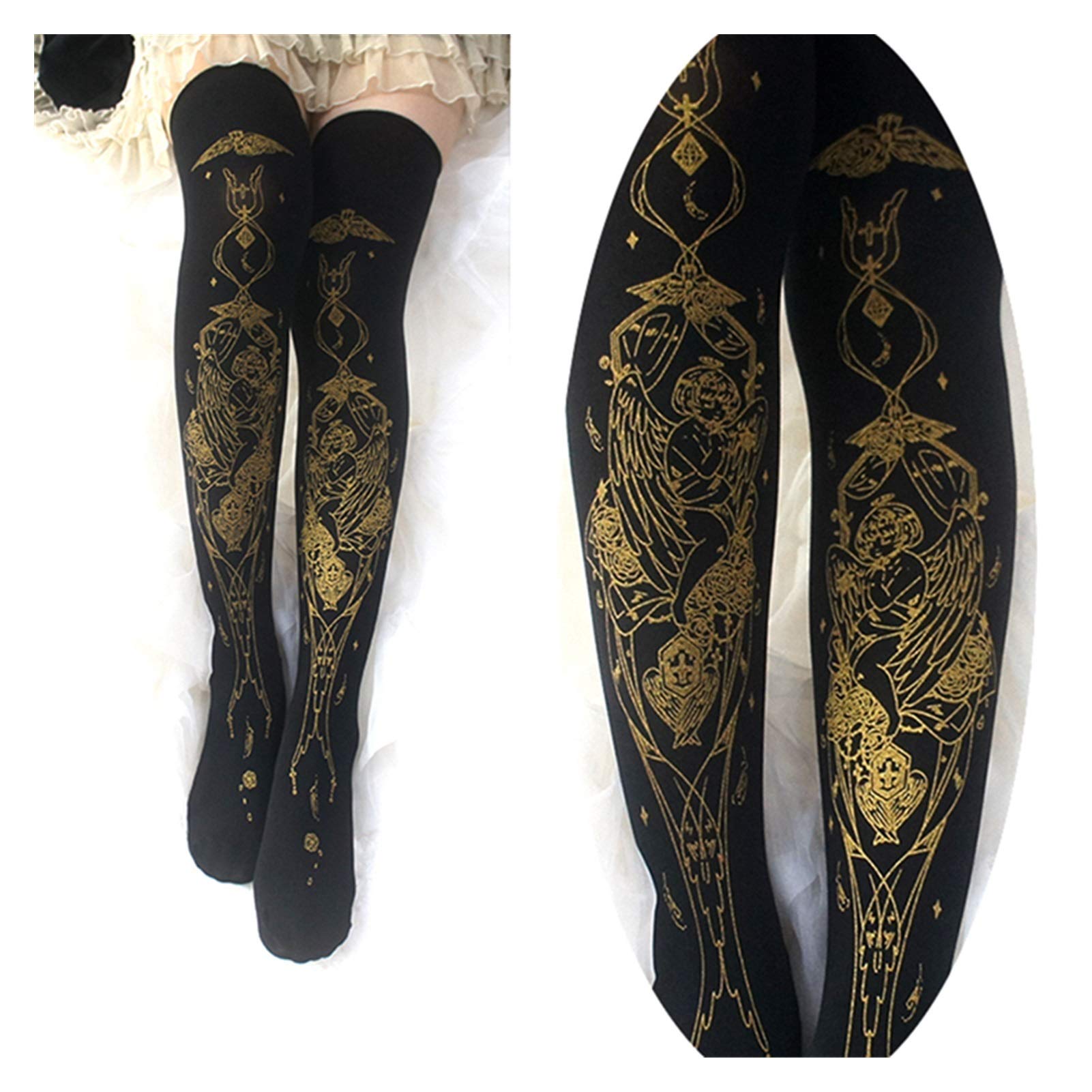 La Rodilla Original de Estampado de Calor de Verano de Lolita - Calcetines Impresos de Alta Calcetines Lolita Angel Muslo Cálida (Color : Version B)