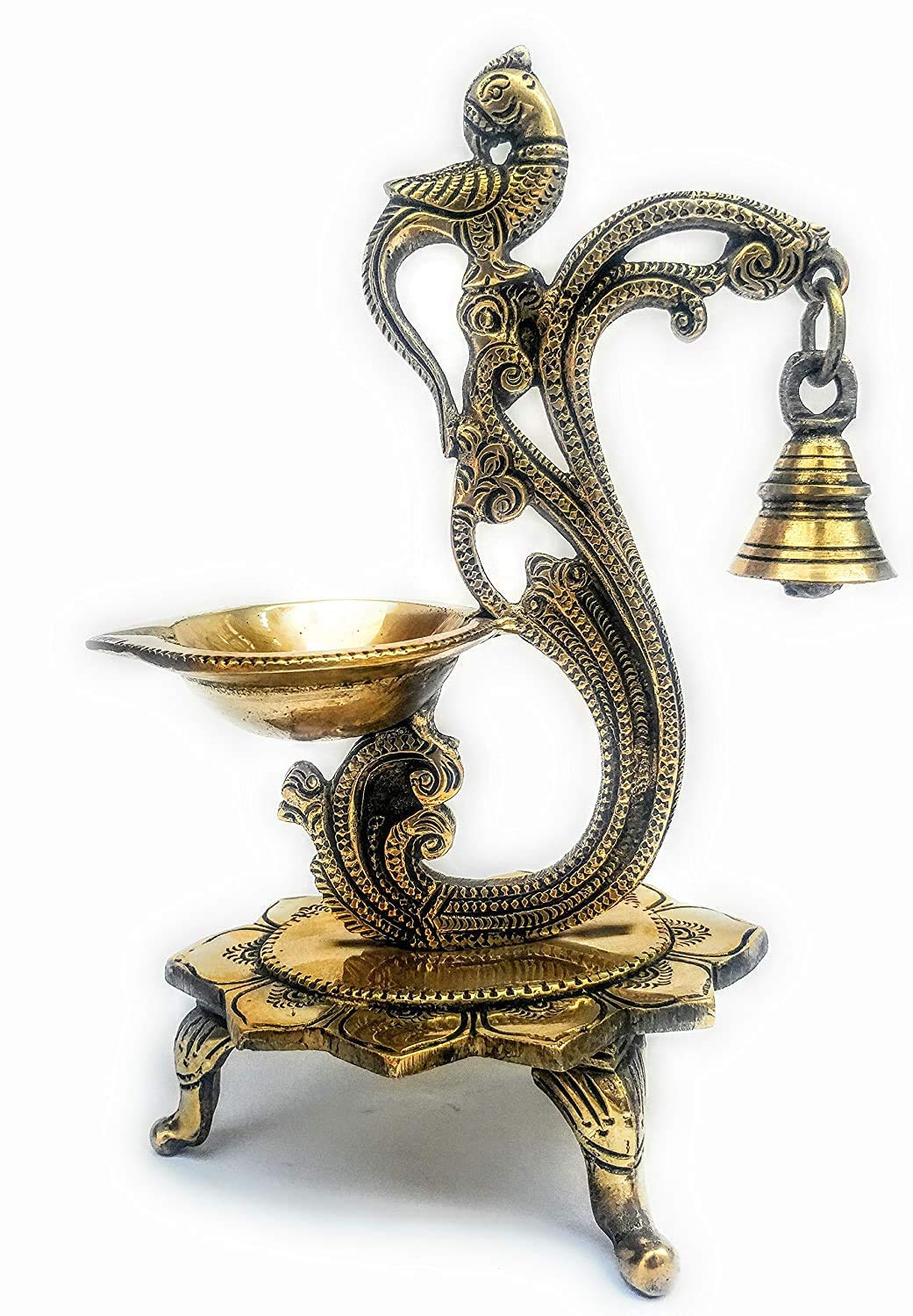 Guruji Divinity Handmade Brass Peacock Diya Stand/Oil lamp/Brass Deepak Deepam in Peacock Design with Bell (Golden)