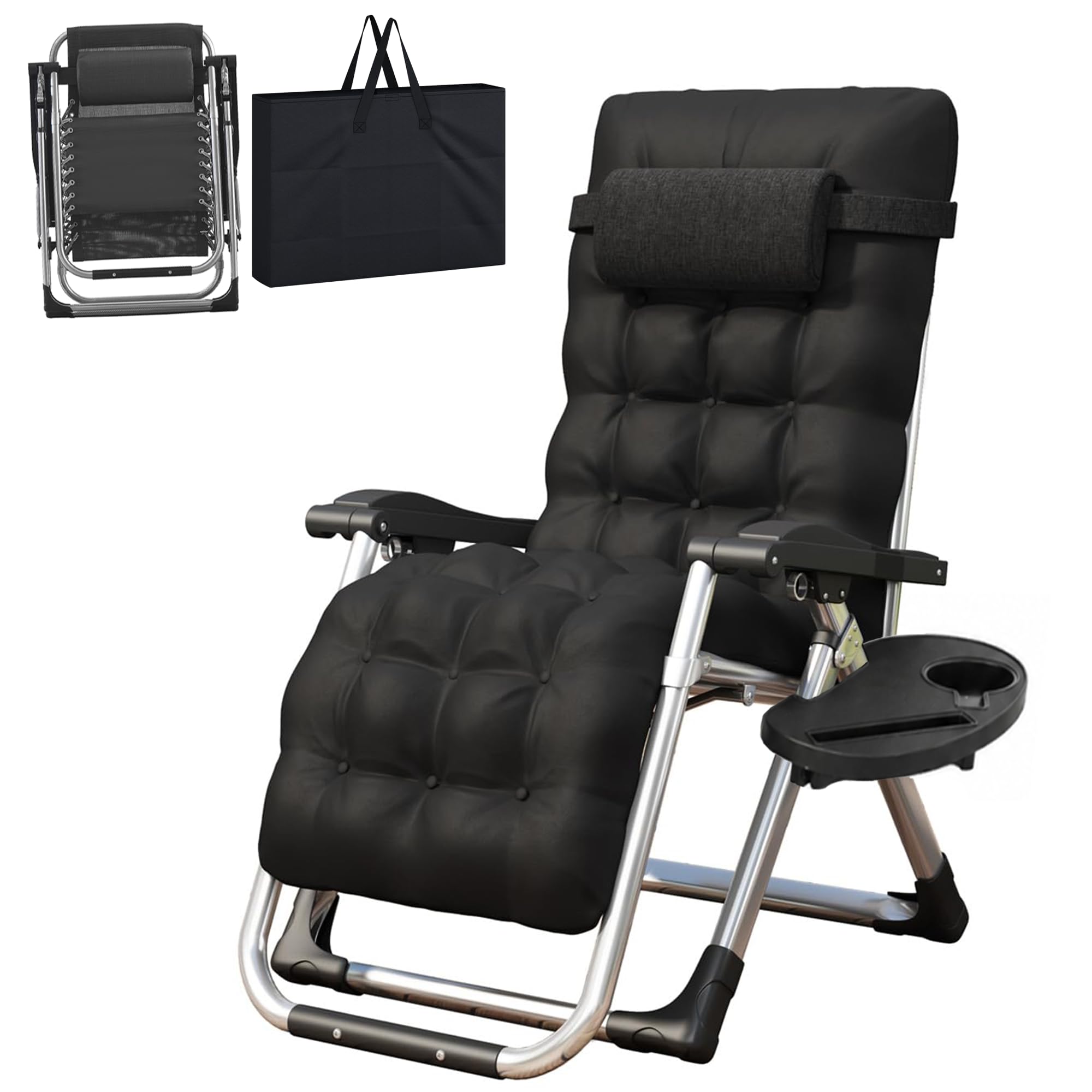 LSLIFE Zero Gravity Garden Chair folding Sun Loungers with Cup Holder & Cushion Carry Bag Adjustable Outdoor Reclining Garden Chairs for Patio Garden Beach (Black)