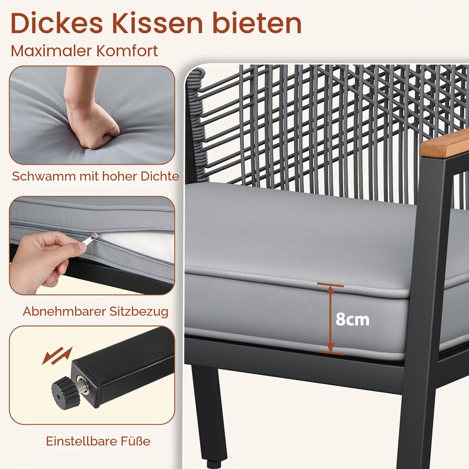 LIFERUN Gartenmöbel Set, Gartenstuhl Rattan Set, mit 2 Rattan Stühlen 1 Gartenbank und Tisch, 4-teiliges Gartenset, Outdoor Balkonmöbel Metall und Rattan, Bis 160 kg, für Terrasse Garten Veranda, grau