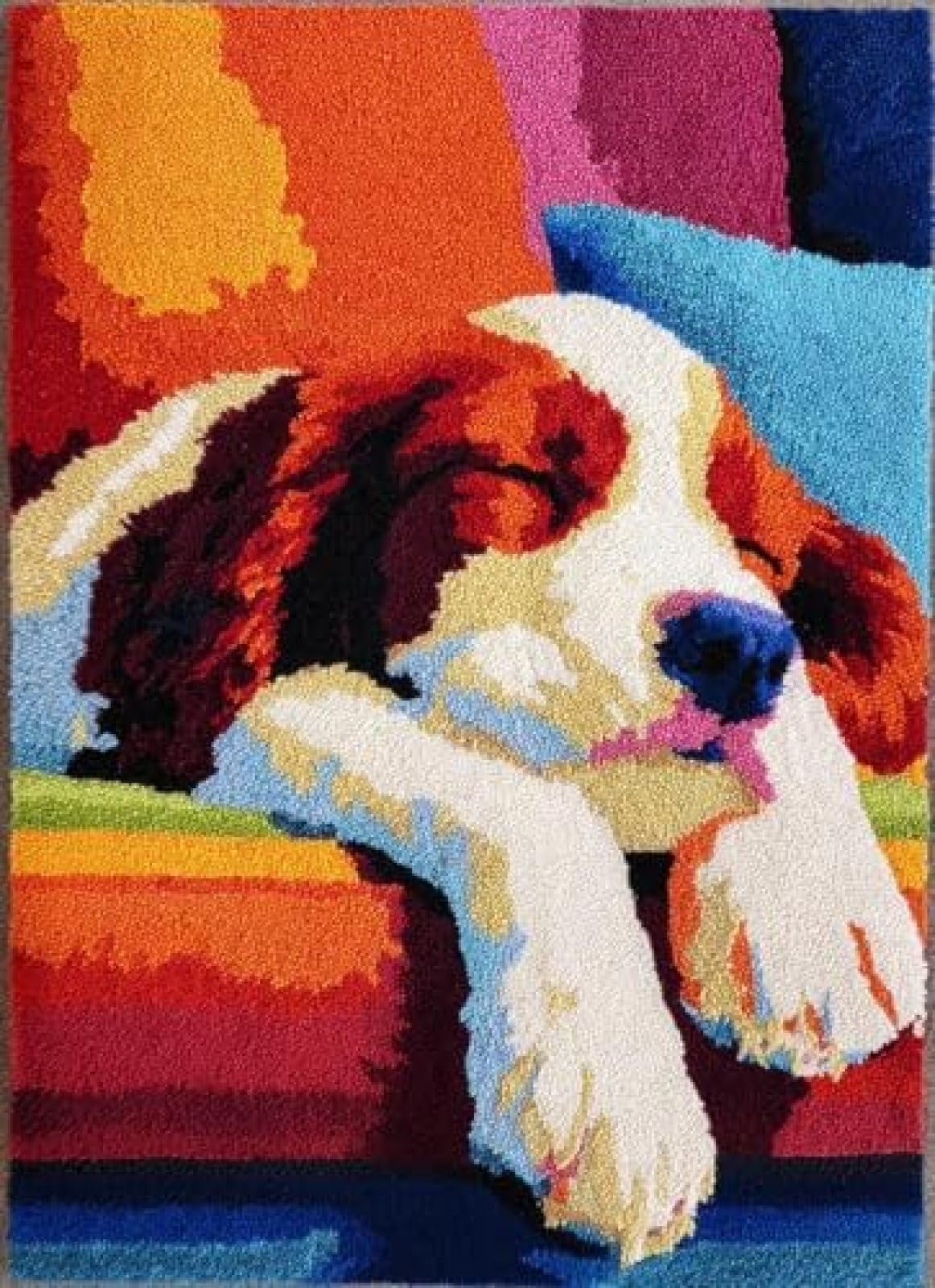 XDEGHUANGSS Latch Hook Rug Kit English Springer Spaniel Puppy Sleeping On Sofa with Pre-Printed Mat Cover DIY Cushion Crochet Yarn Hooking Craft Set for Floor Decor 38x52cm