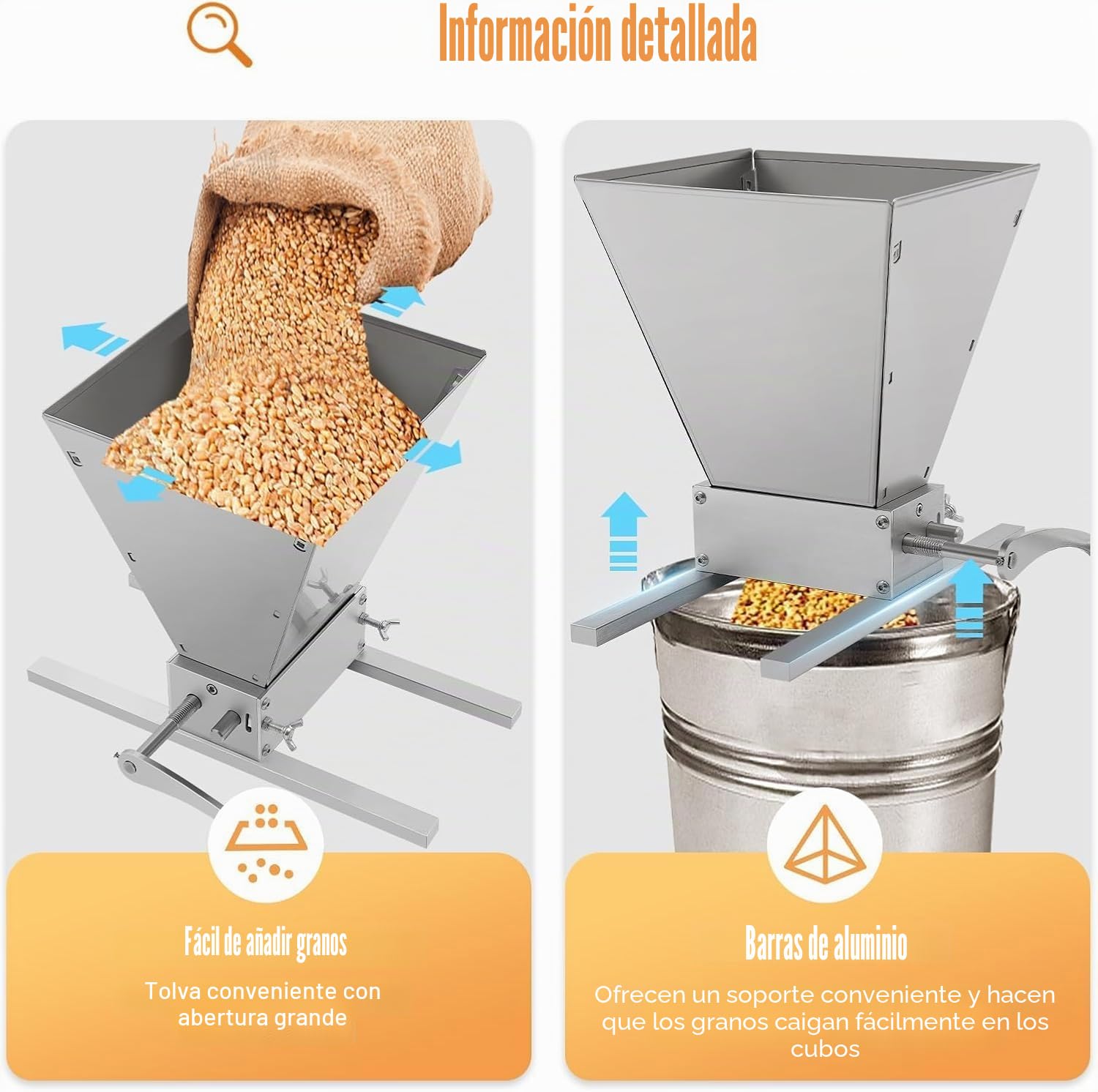 Molino de malta moderno de 4 l - Prensa de cereales manual - Acero inoxidable con rodillo ajustable - Rompecabezas con dos modos de funcionamiento - Ideal para moler granos en casa
