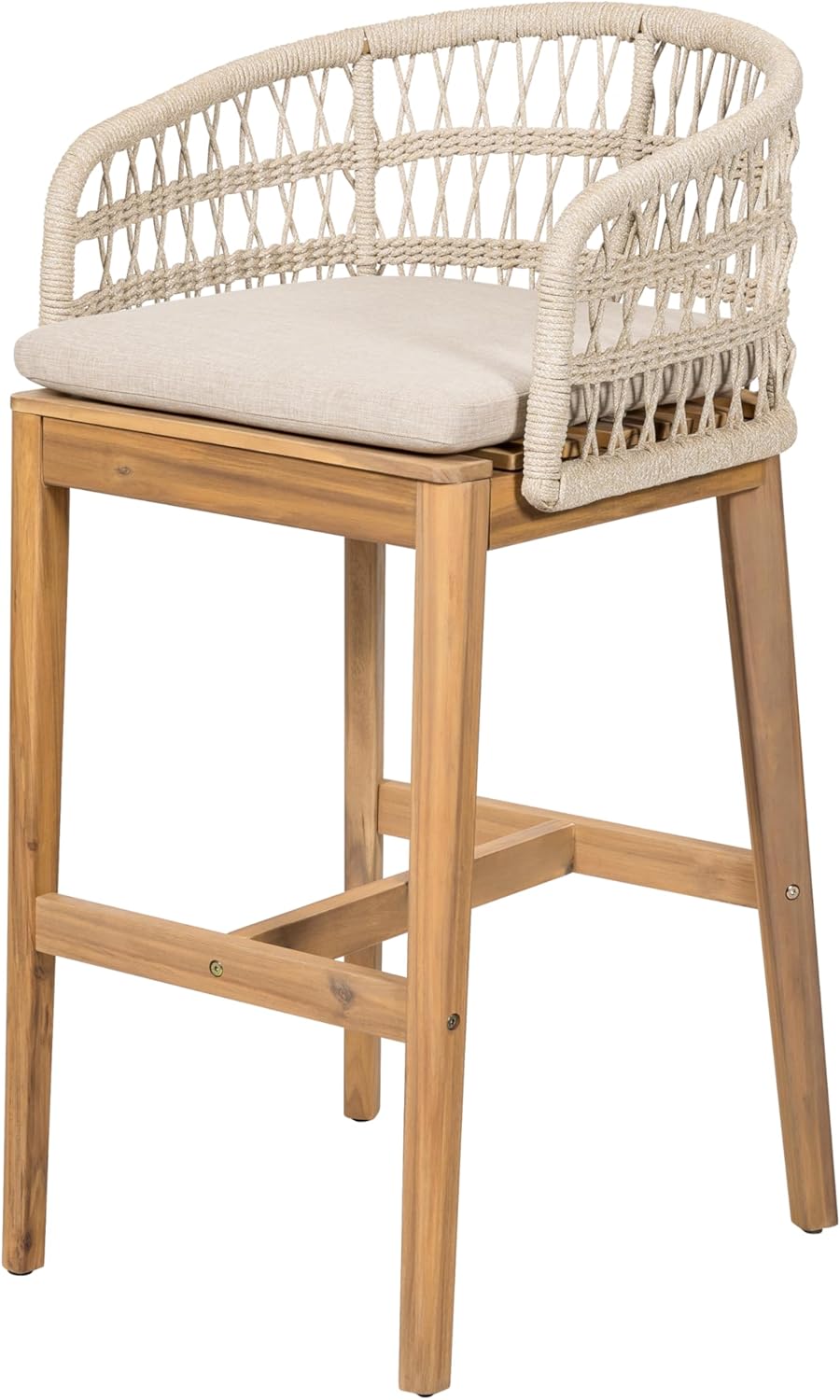 Christopher Knight Home Lagun Acacia Wood Indoor/Outdoor Bar Stool Set of 2 with Cushion, Patio Armchair Set for Bar Table, Wooden Counter Height Patio Bar Stool with Footrest, Teak+ Beige