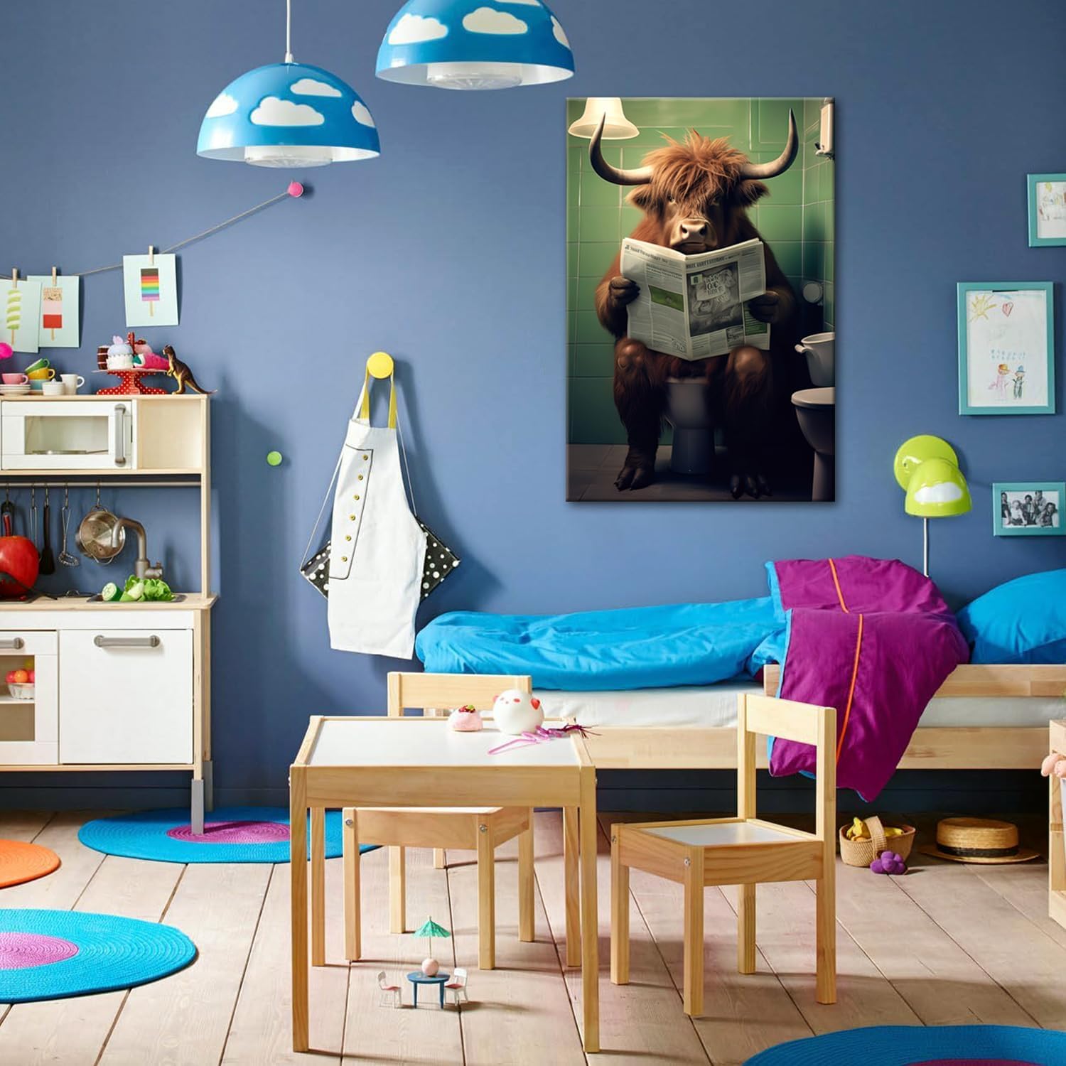 GLOKAKA Funny Highland Cow Wall Art Canvas in Bathroom Picture Farmhouse Styles Humor Animal Reading Newspaper Artwork Prints for Bathroom,Toliet,Kids Room Decor (Cow 01, 12"x18")