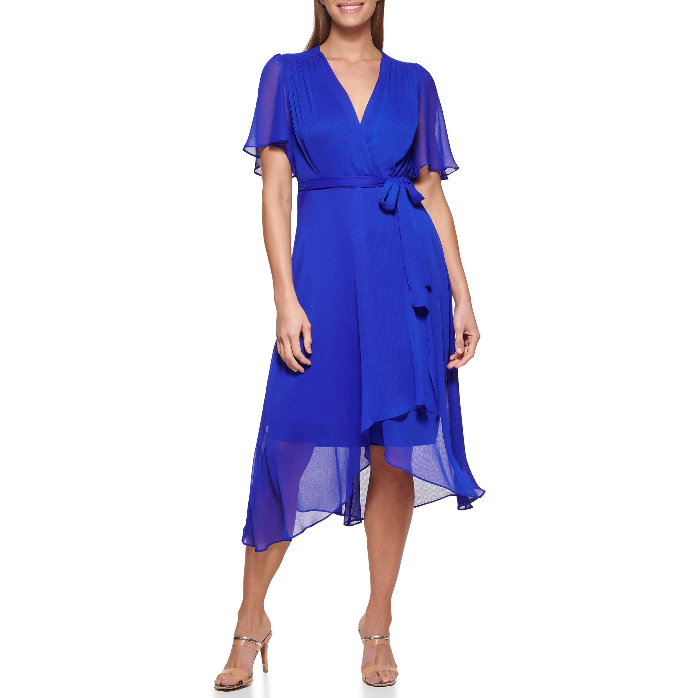 DKNY Women's Double Ruffle Sleeve Asymmetrical Hem Faux Wrap Dress