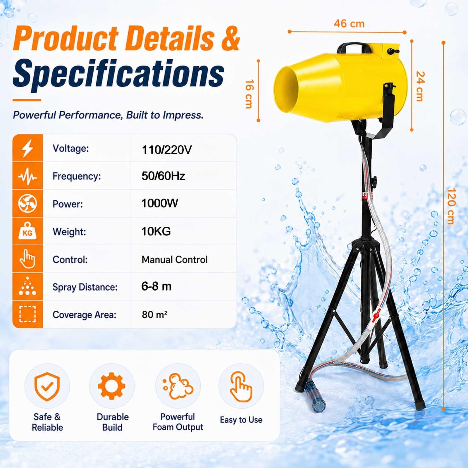 Macchina per Schiuma 1000 W, Cannone Schiuma per Feste con Treppiede Regolabile, Generatore di Schiuma Portatile per Party in Giardino, Piscina ed Eventi all’Aperto Yellow