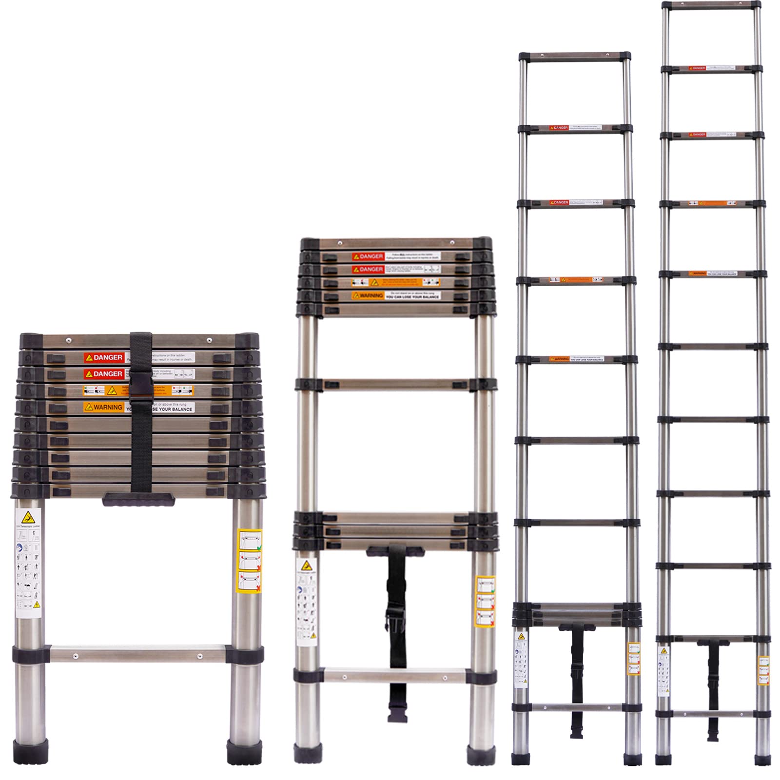 10.5Ft/3.2M Telescopic Folding Extension Stainless Steel Ladder, Straight Extendable Portable Attic Ladder, Foldable Ladder w/ EN131 Standard 11 Steps 150KG Capacity Loft Collapsible DIY Multipurpose