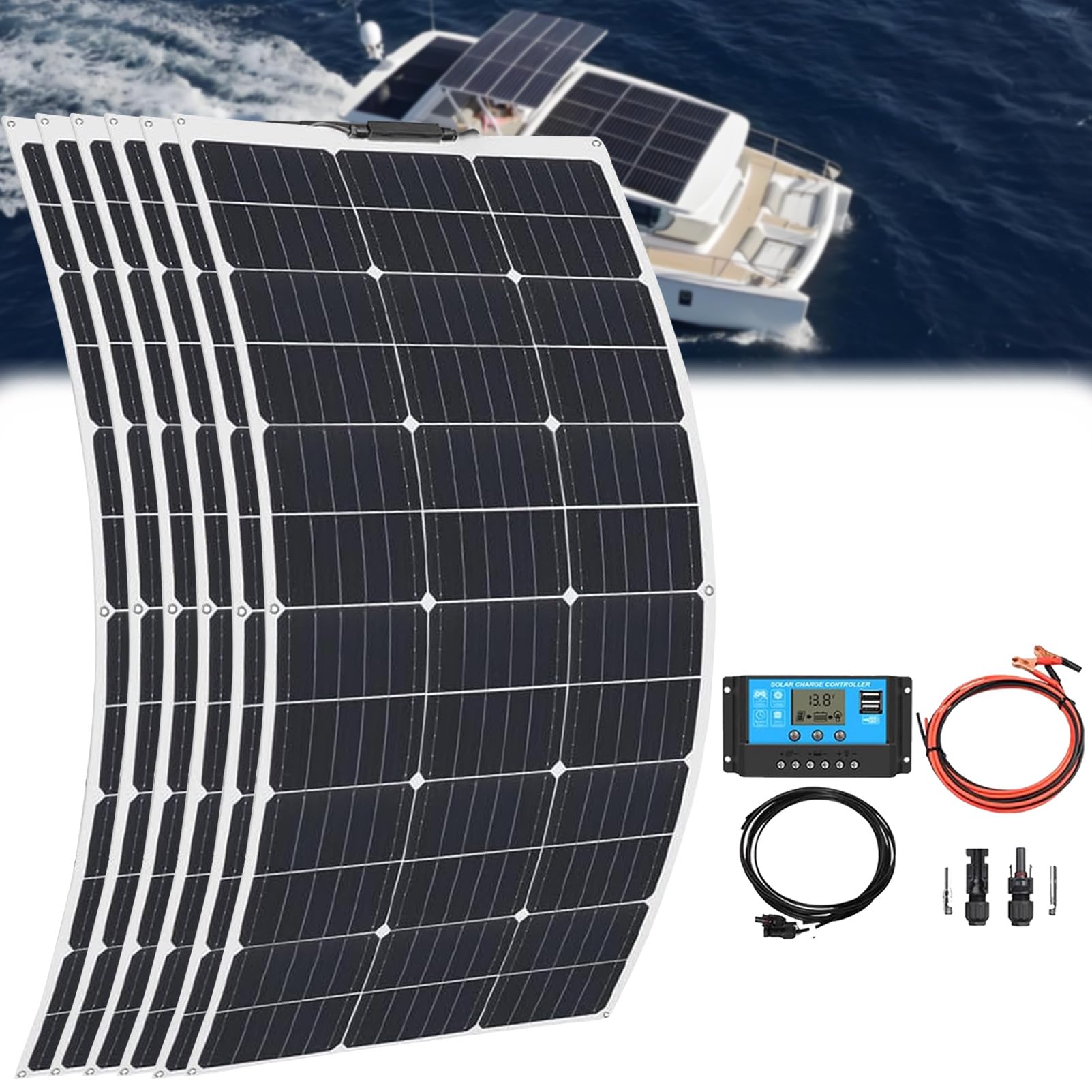 Pannello Solare, Pannello Solare Flessibile Kit, 300w, Monocristallino Ad Alta Efficienza, per Camper Barche Roulotte Furgoni Batterie Altre Superfici Irregolari. 6×200w