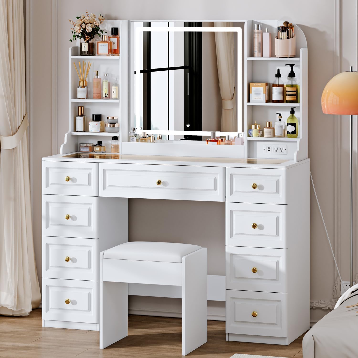 Makeup Vanity Desk with Lighted Mirror and Glass Top
