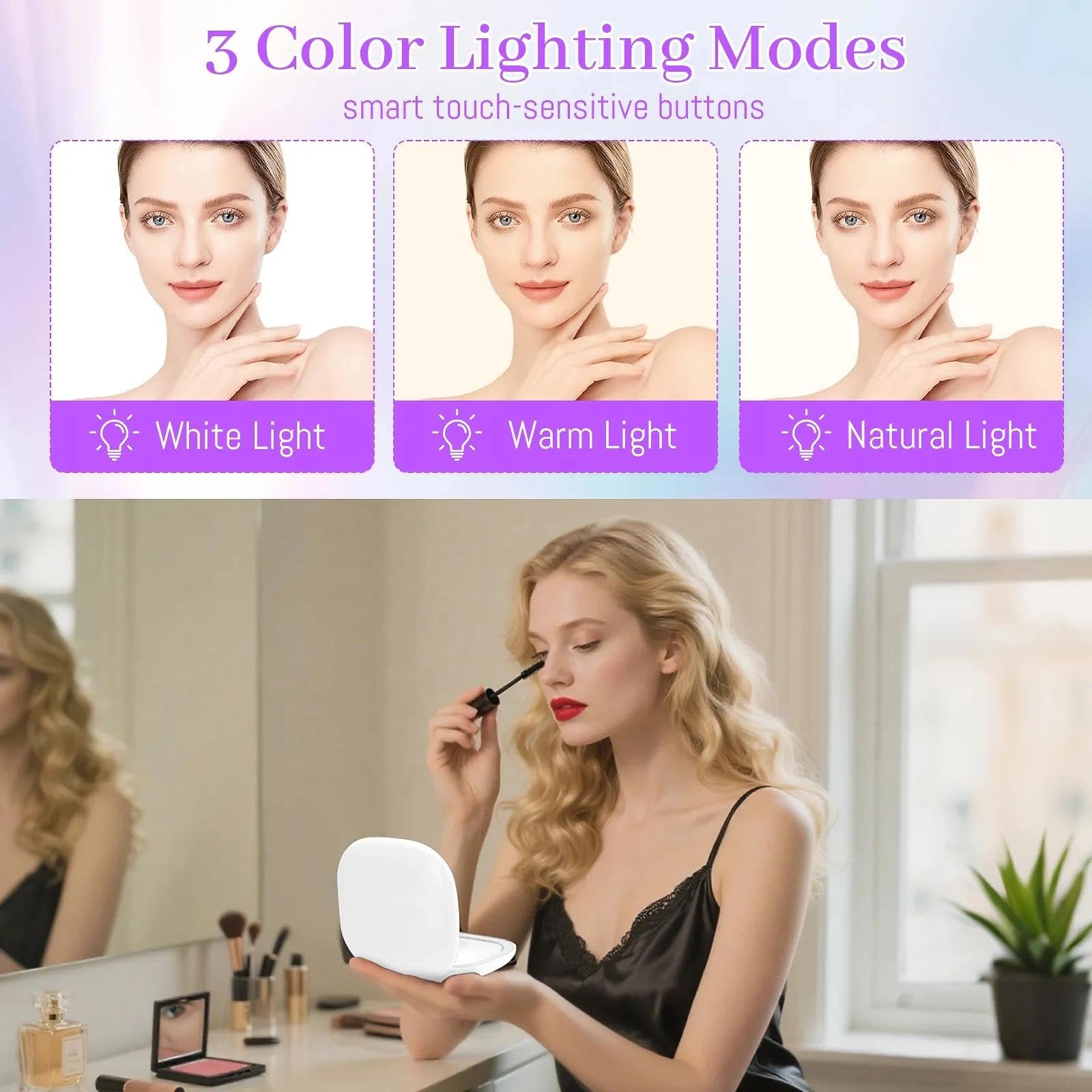 Collazoey Lusterko kieszonkowe LED z powiększeniem 1X/10x, ładowane przez USB, 3 regulowane oświetlenie, przełącznik magnetyczny, lusterko kieszonkowe, przenośne lusterko ręczne (białe)