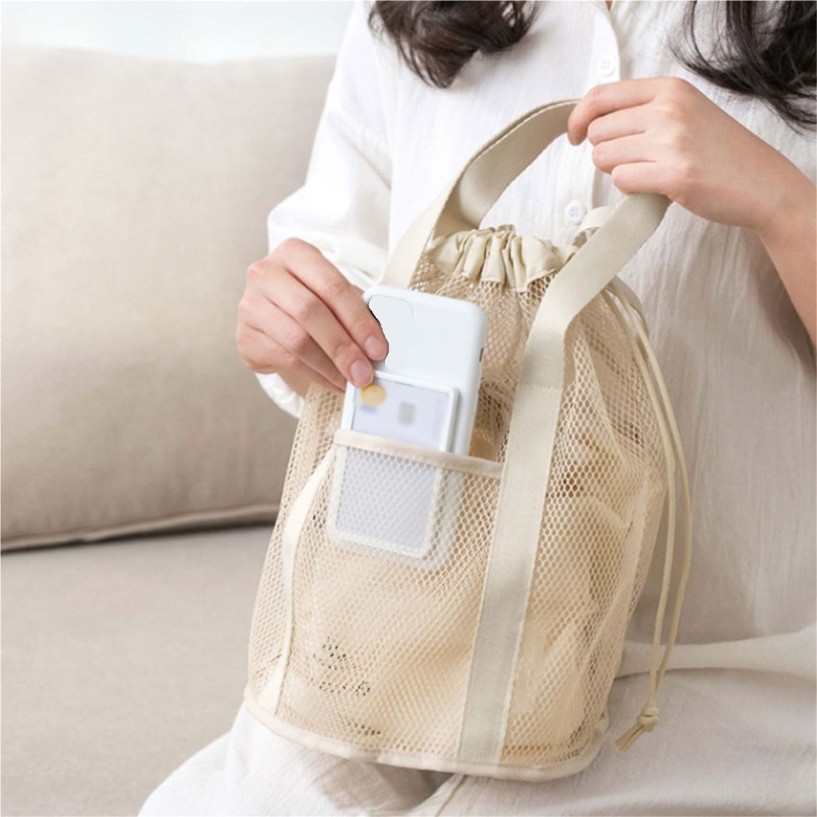 Borsa da toilette viaggio 1 pezzo, borsa ultraleggera pieghevole scavata in rete, tasca con coulisse, spiaggia Per Viaggi(Green)