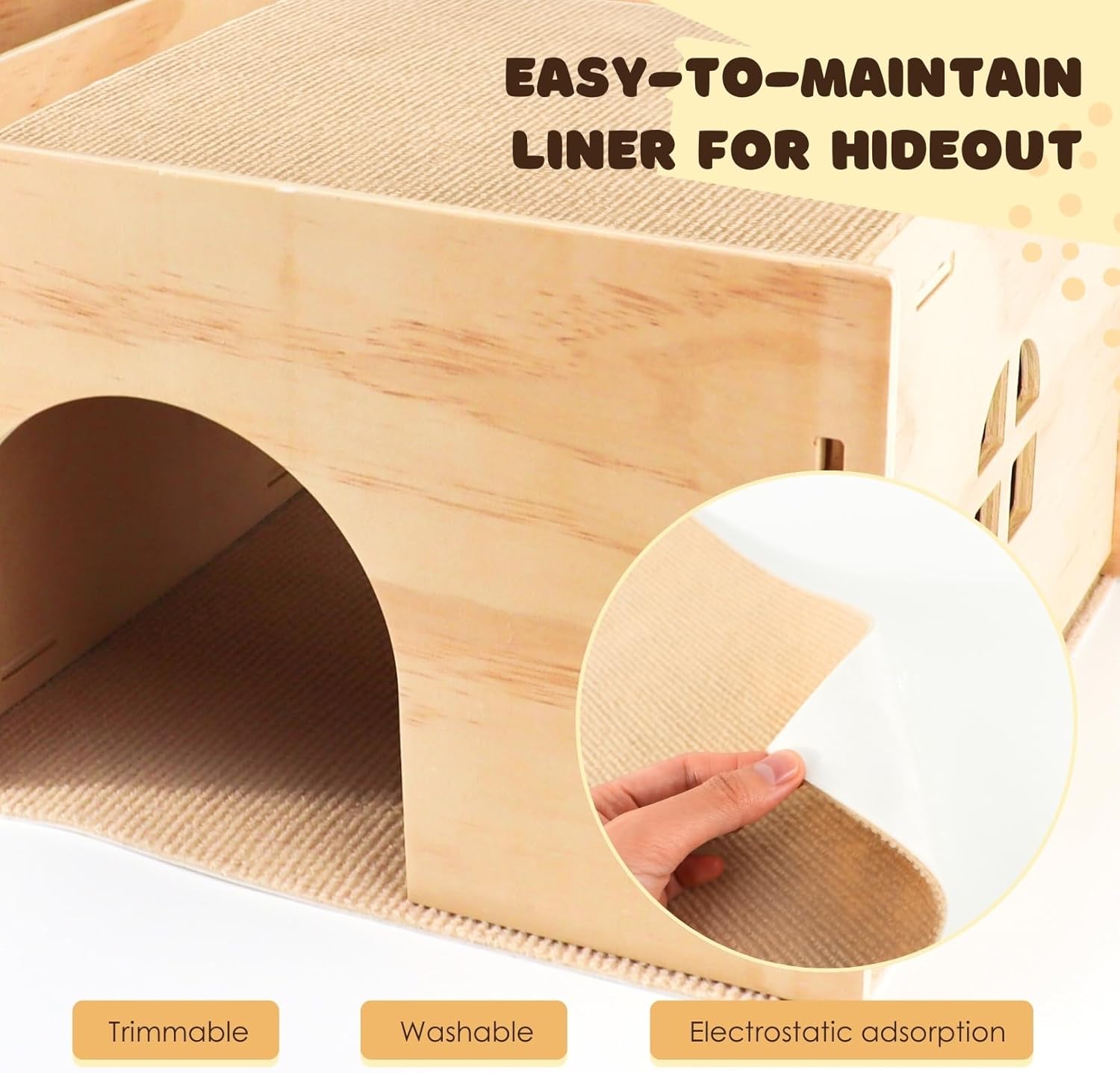 Wooden Guinea Pig Hideout House with Hay Rack - Sturdy Small Animal Habitat Hut for Chinchillas, Hamsters & Small Pets - Includes 2 Reusable Mats & 2 Letter Sticker Sets