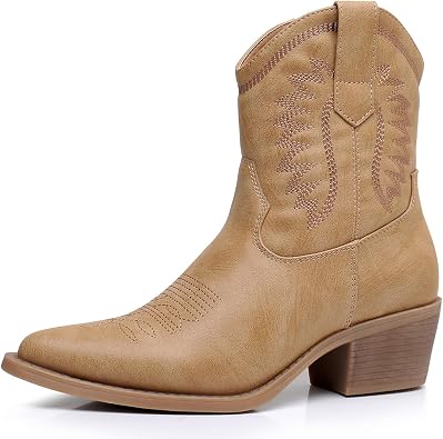 GLOBALWIN Womens Western Charm Cowgirl Boots Mid Calf Comfy Cowboy Boots For Women With Pointed Toe