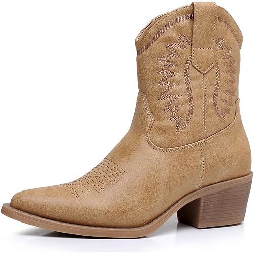 GLOBALWIN Women's Western Charm Cowgirl Boots Mid Calf Comfy Cowboy Boots For Women With Pointed Toe