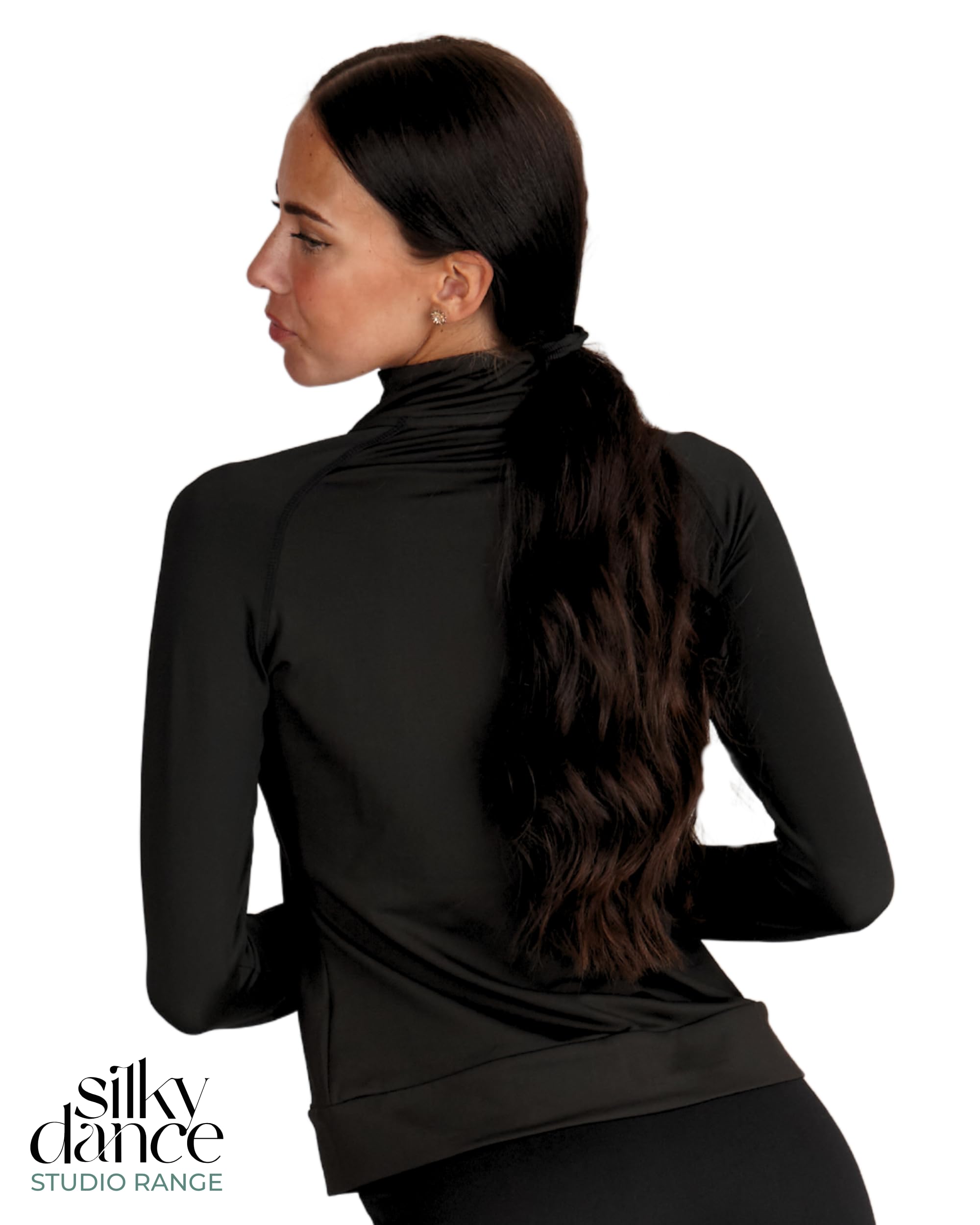 Silky Dance Veste de course à pied zippée pour femmes et filles, veste de sport à manches longues, haut de course à pied, uniforme de danse, veste noire avec trous pour les pouces et poches