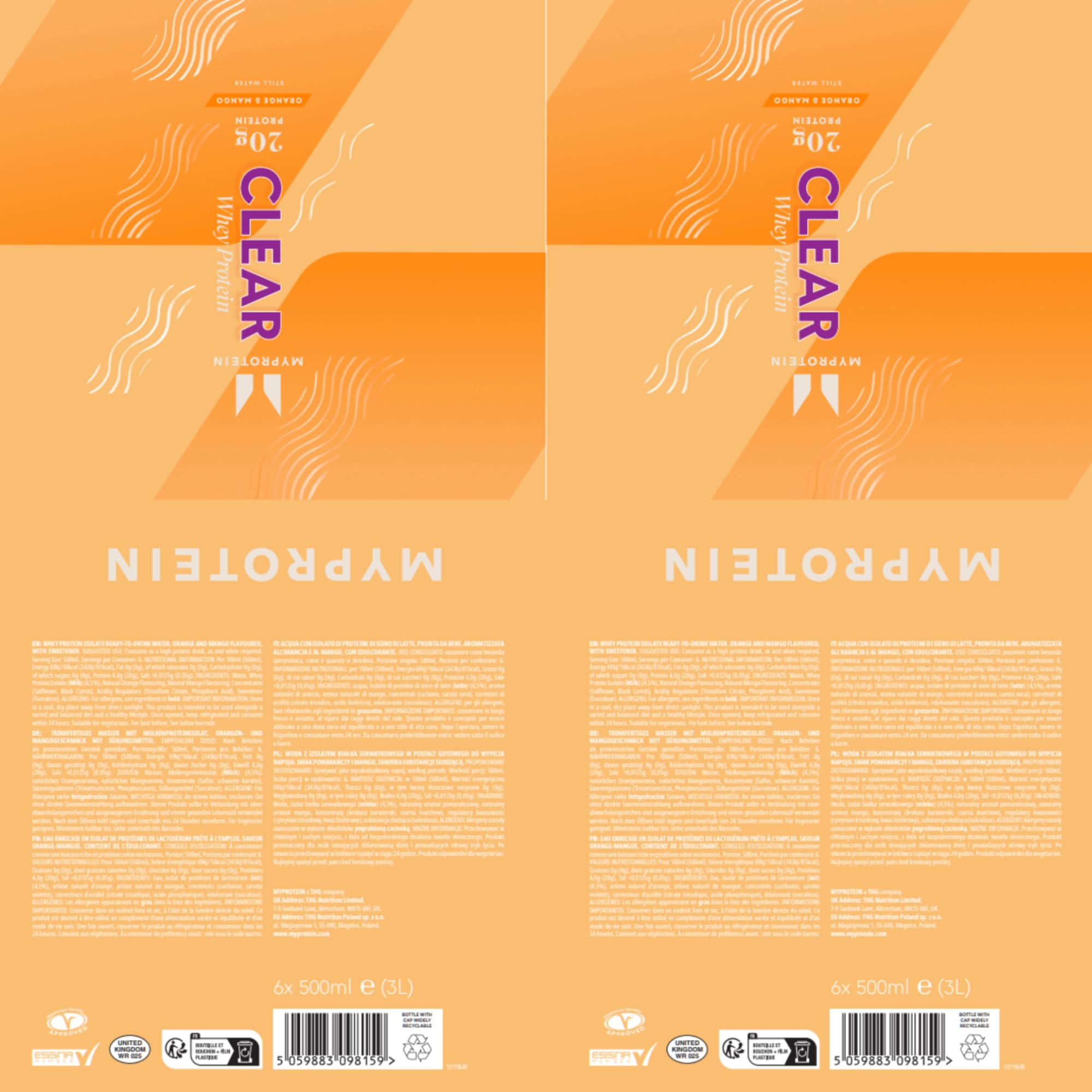 Myprotein Clear Whey Protein Drink - Bebida de proteína de suero de leche, naranja y mango, 0.77 onzas de aislado de suero, cero azúcar y grasa, jugo alto en proteínas listo para beber, 6 botellas de