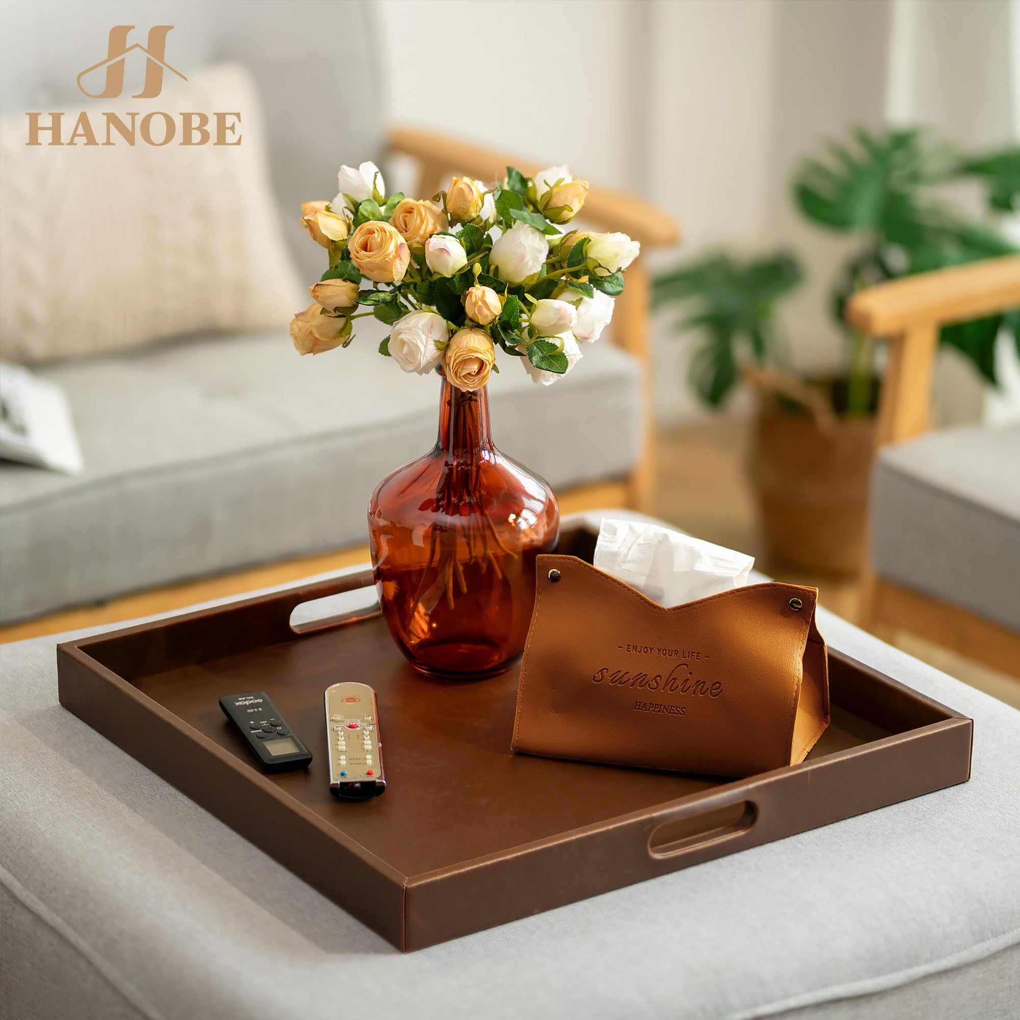 Hanobe Vassoio da portata in legno grande: quadrato ottomano decorativo in pelle con manici per soggiorno – moderno piatto in legno sopra tavolino poggiapiedi extra XXL marrone 50 cm