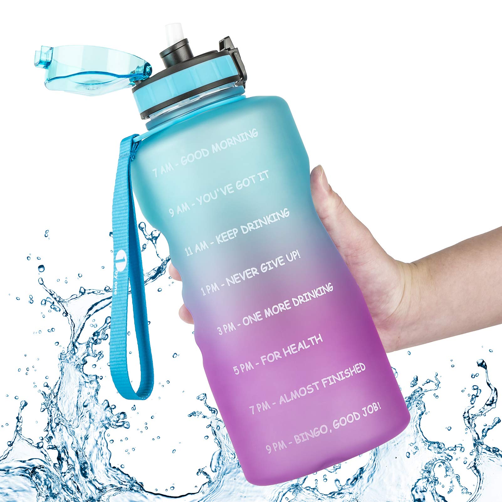 1 BY ONE 73oz Motivational Water Bottle Half Gallon with Straw and Time Marker, Large BPA Free Water Jug, Big Water Drinking Bottles with Times to Drink for Daily, Sports,Leakproof