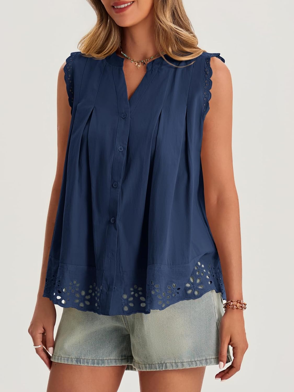 Cicy Bell Womens Summer Eyelet Tank Tops V Neck Ruffle Sleeveless Button Down Shirts Casual Cotton Loose Fit Tees - Image 4