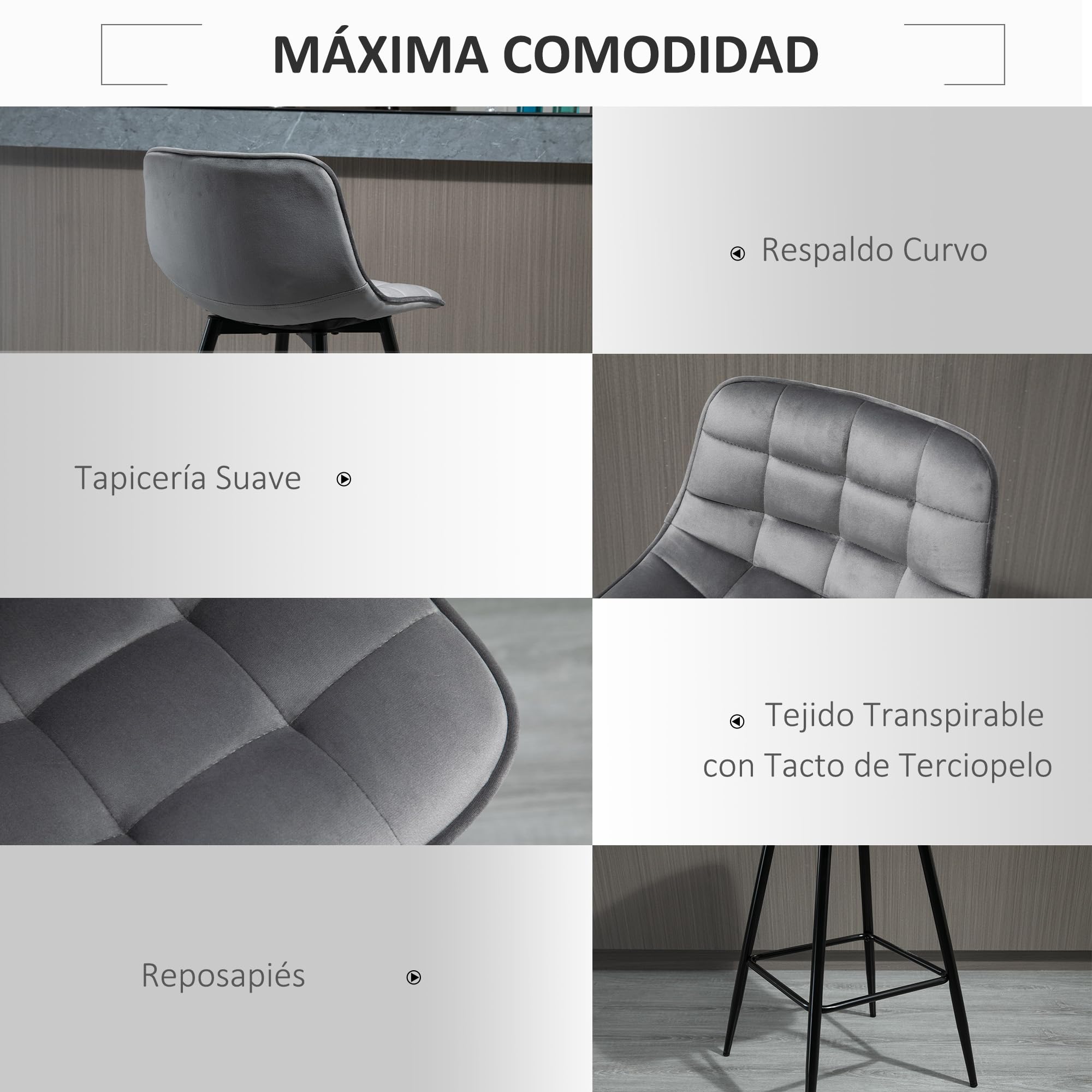 HOMCOM Conjunto de 2 Taburetes Altos de Cocina Sillas Altas de Cocina con Respaldo y Reposapiés Carga 120 kg para Bar Salón Comedor Gris