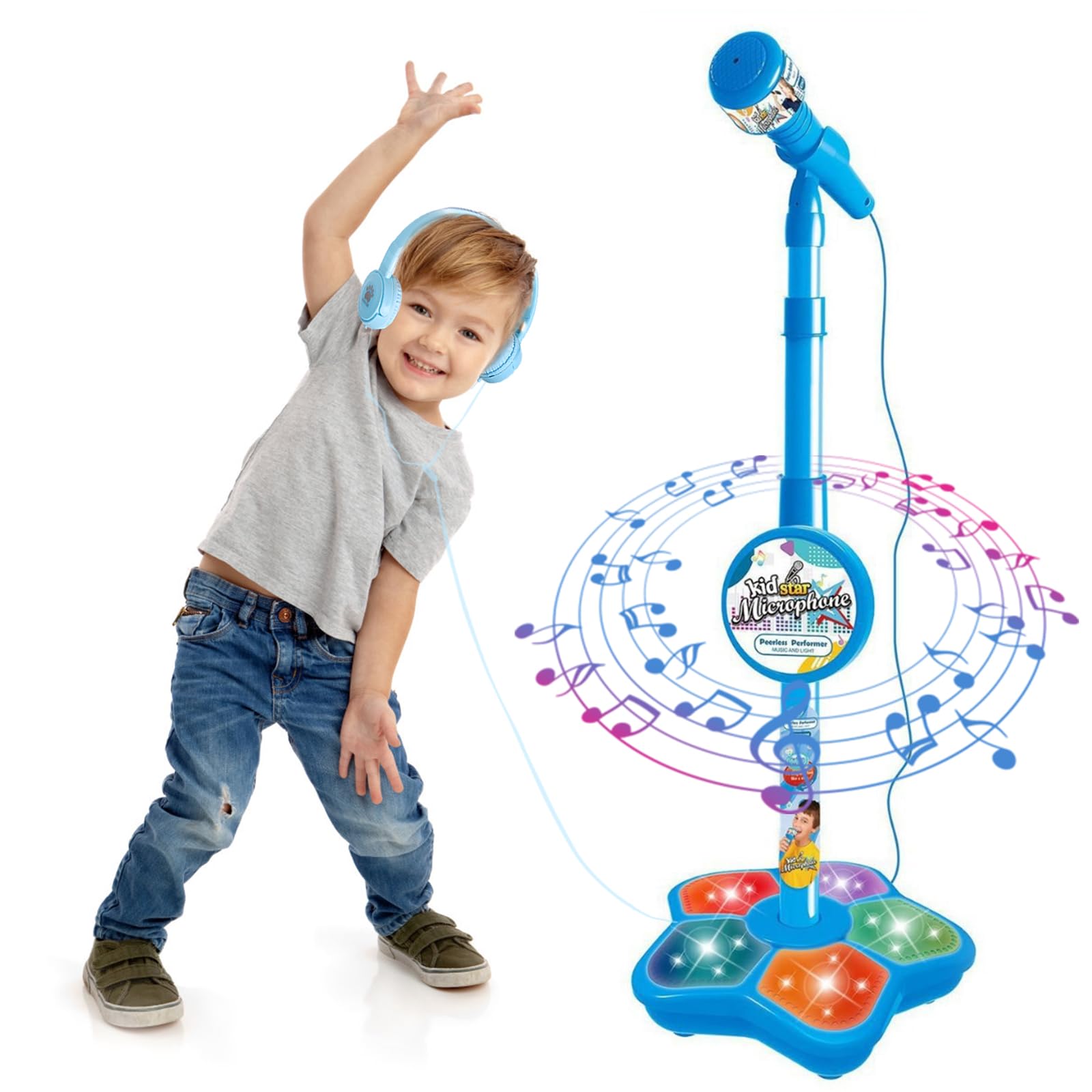 Máquina de karaoke para niños con soporte de micrófono ajustable para niños, micrófono de pie para canto portátil, auriculares retráctiles para música y cantar intermitentes, base de luz de escenario